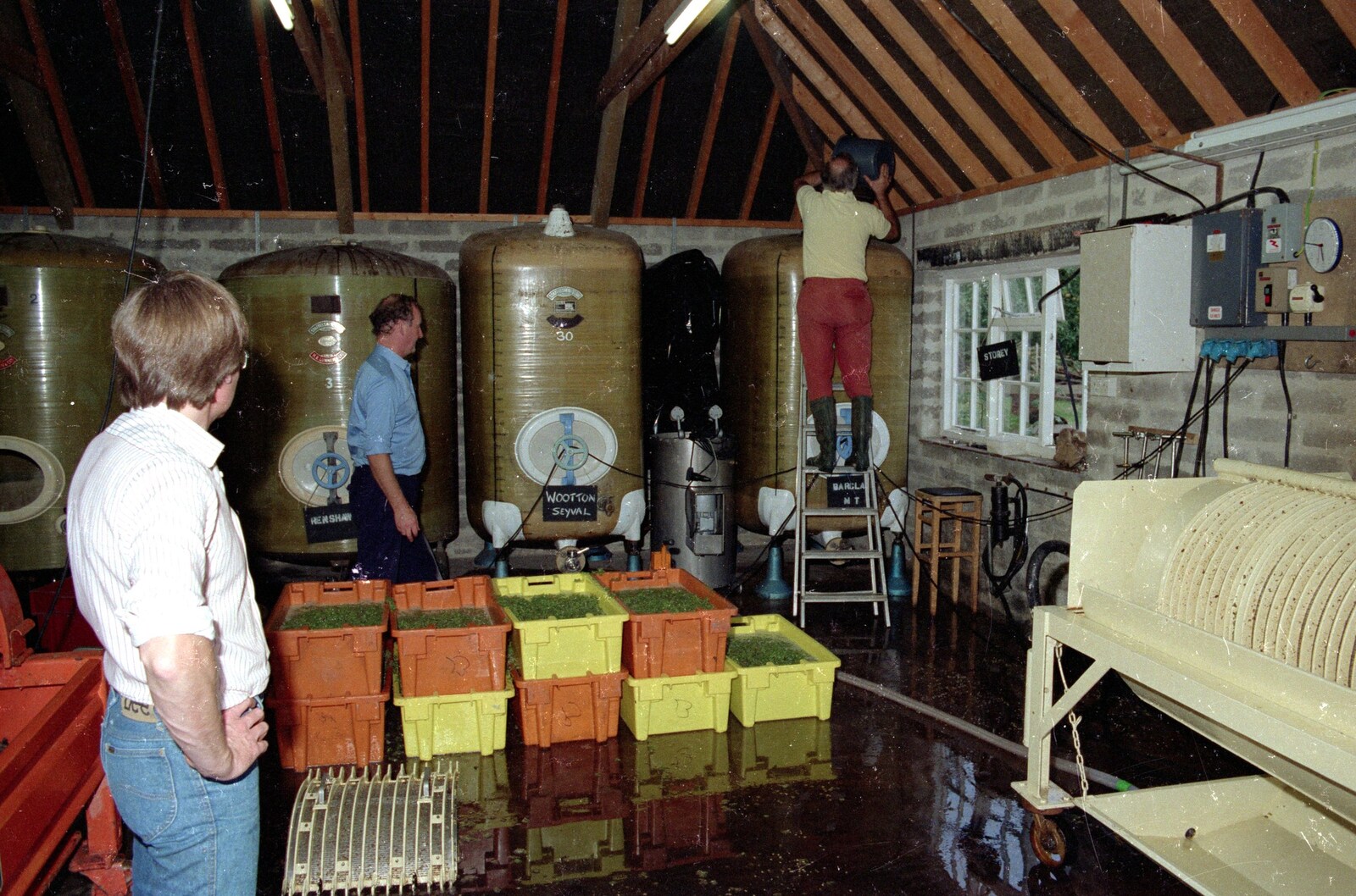The Major pours something into a tank from Harrow Vineyard Harvest and Wootton Winery, Dorset and Somerset - 5th September 1989