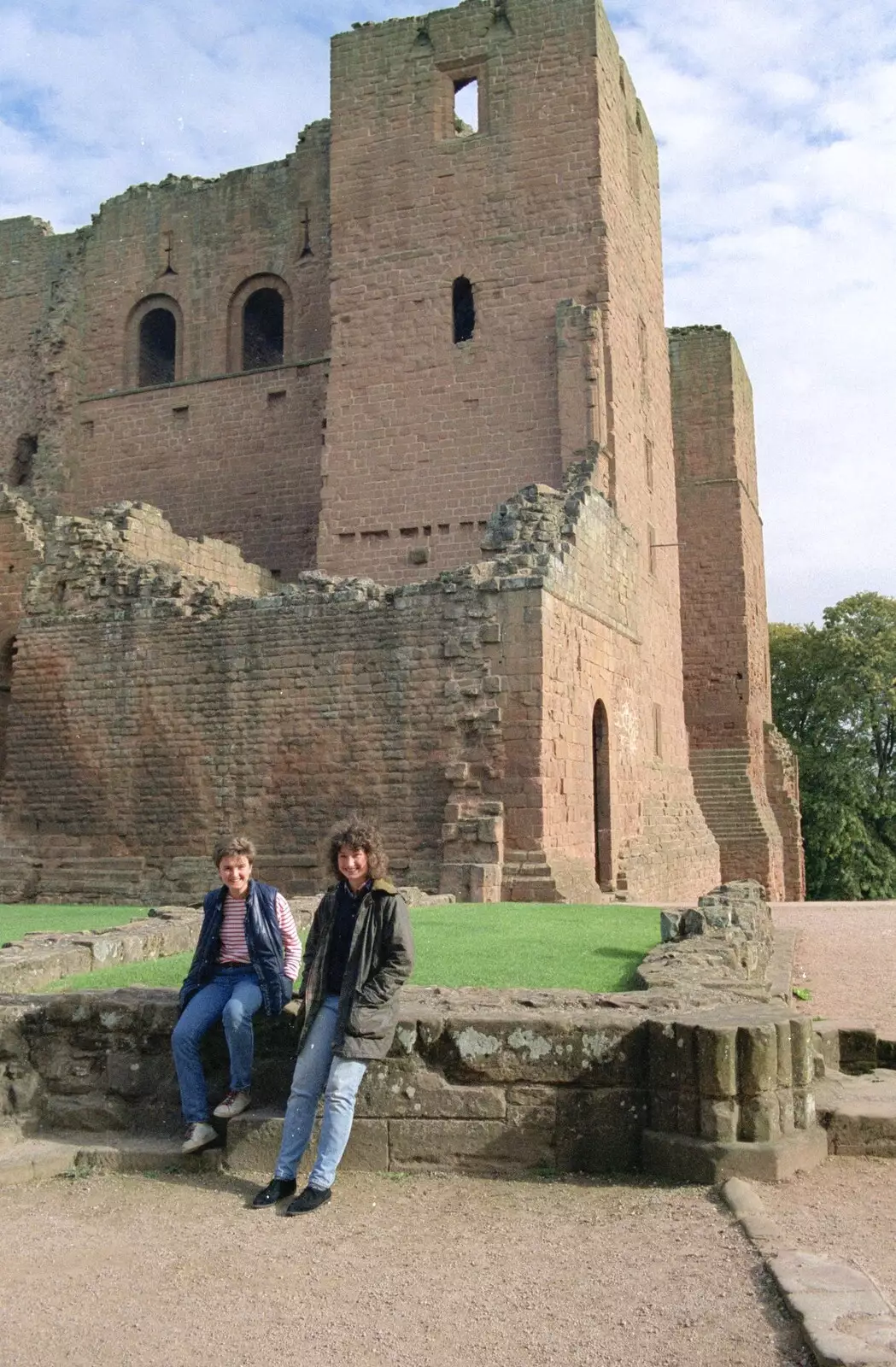 Angela and friend in front of the main keep, from A Trip to Kenilworth, Warwickshire - 21st September 1989