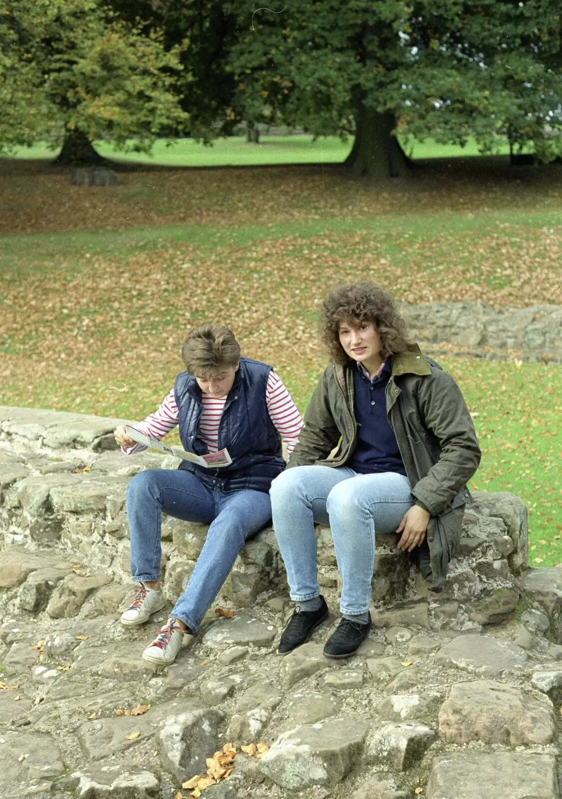 Angela on a wall near the stables, from A Trip to Kenilworth, Warwickshire - 21st September 1989