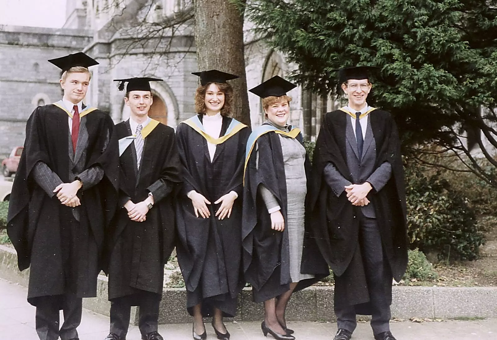 Nosher, John, Angela, Kate and Andy 'Jitsu' Dobie, from Uni: Graduation Day, The Guildhall, Plymouth, Devon - 30th September 1989