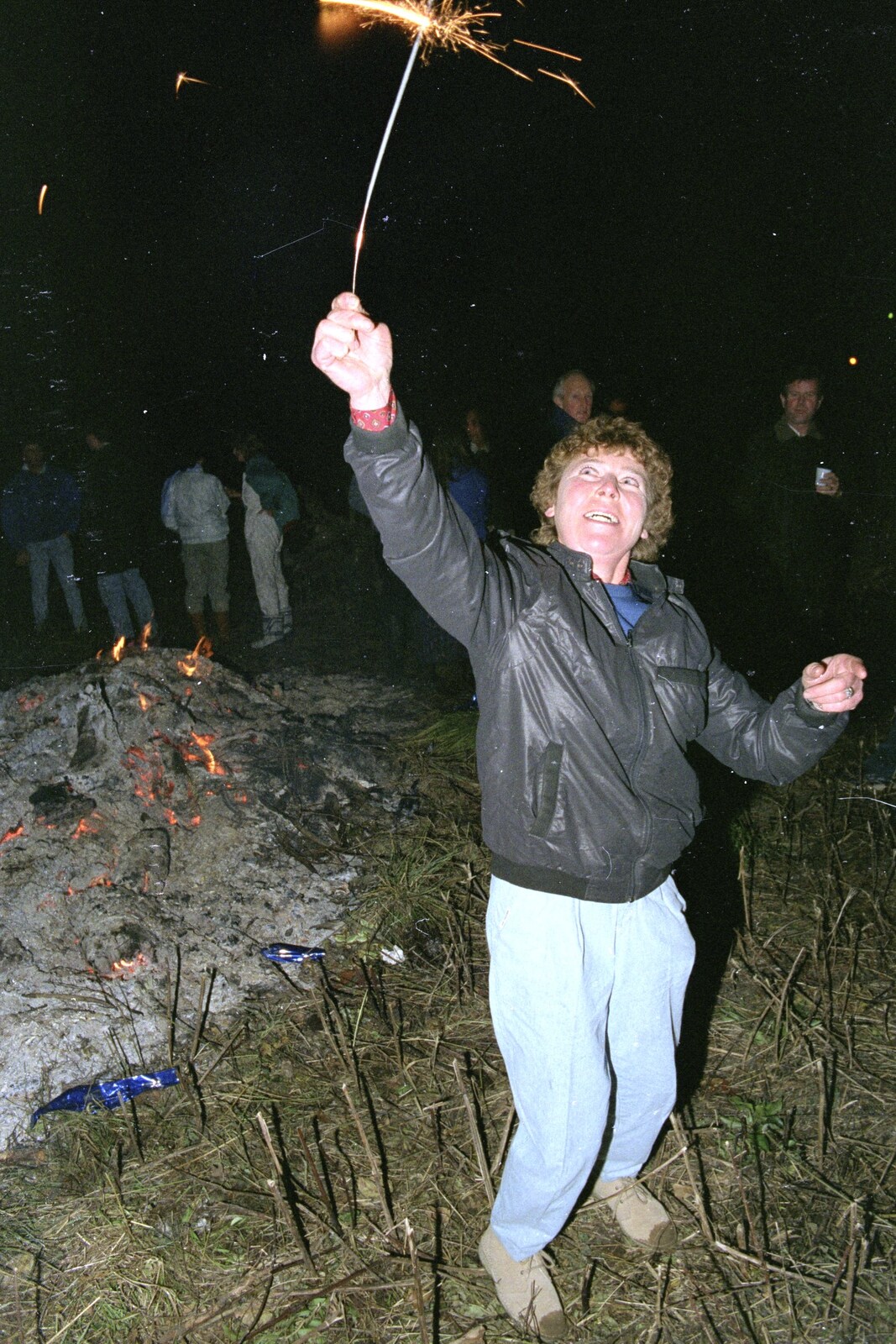 A Stuston Bonfire Night, Suffolk - 5th November 1989: Brenda waves a sparkler about