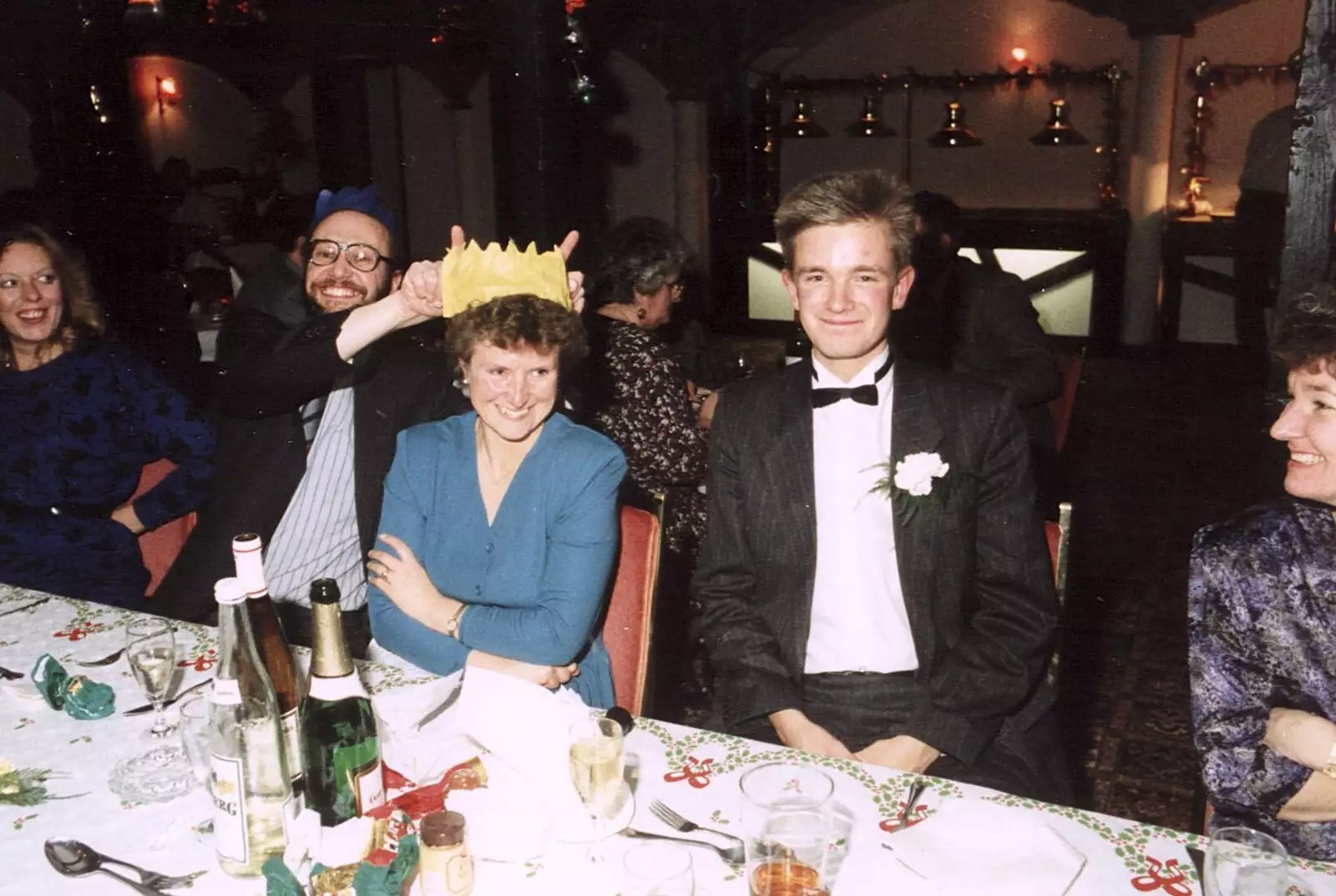 Baz Spragge does bunny-ears over Wendy Beford, from BPCC Printec Christmas Do, Harleston Swan - 15th December 1989