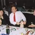 Wendy and Jackie giggle as Mike Perkins does knee specs, BPCC Printec Christmas Do, Harleston Swan - 15th December 1989