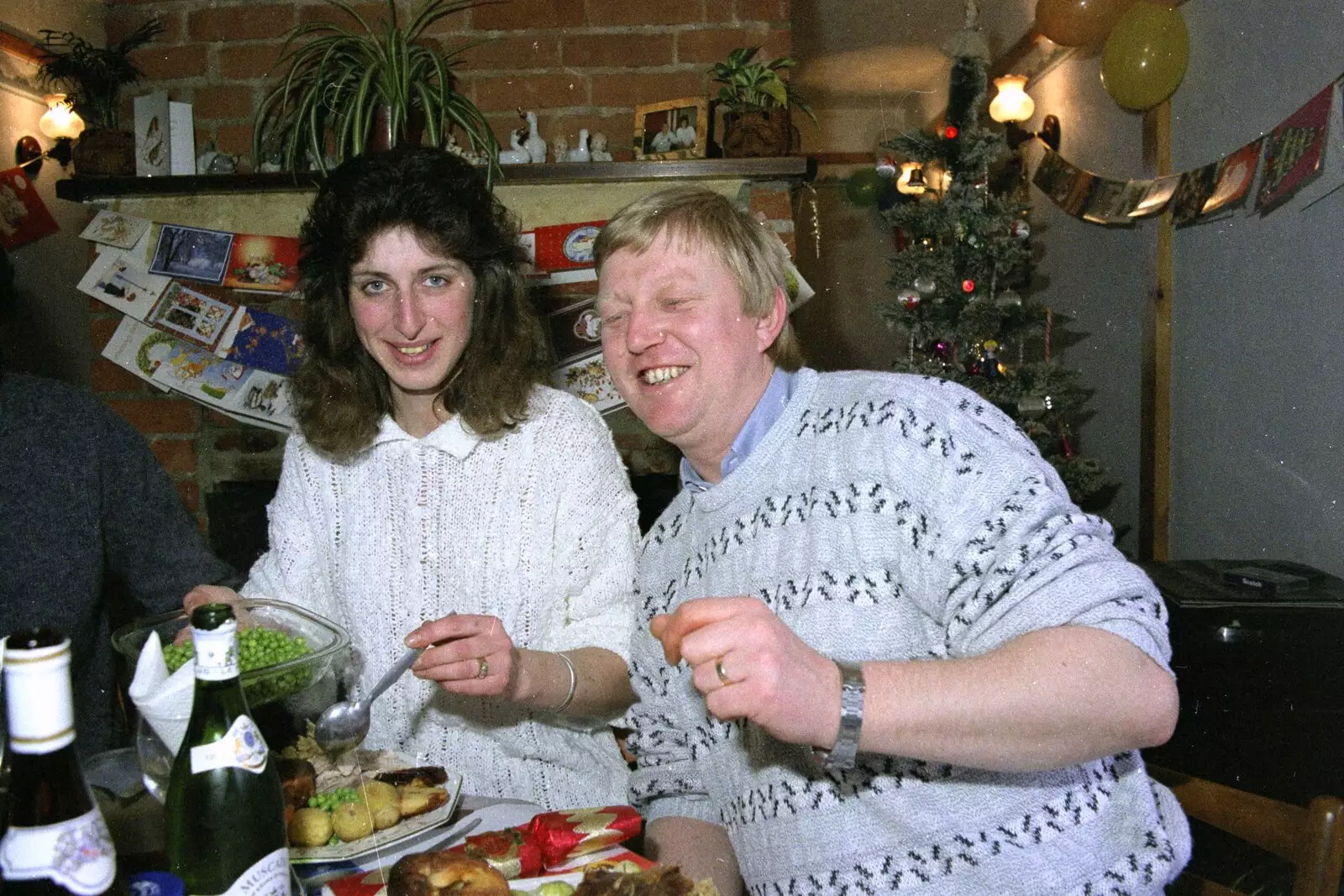 Karen, Alan and a bowl of peas, from Late Night, and Christmas with the Coxes, Needham, Norfolk - 25th December 1989