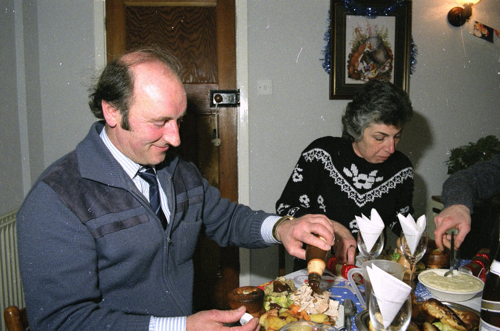 Applying sauce to Christmas dinner from Late Night, and Christmas with the Coxes, Needham, Norfolk - 25th December 1989