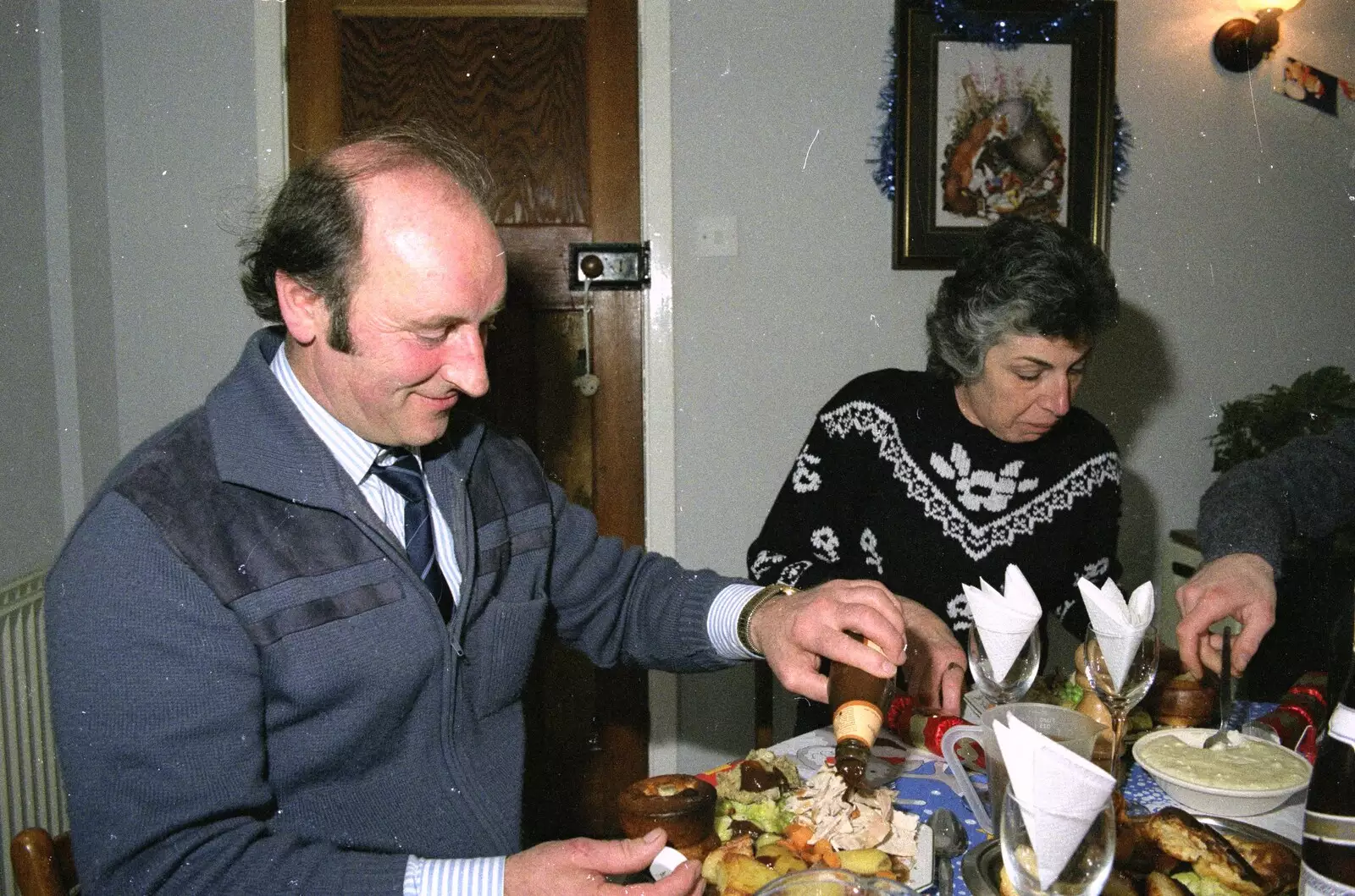 Applying sauce to Christmas dinner, from Late Night, and Christmas with the Coxes, Needham, Norfolk - 25th December 1989