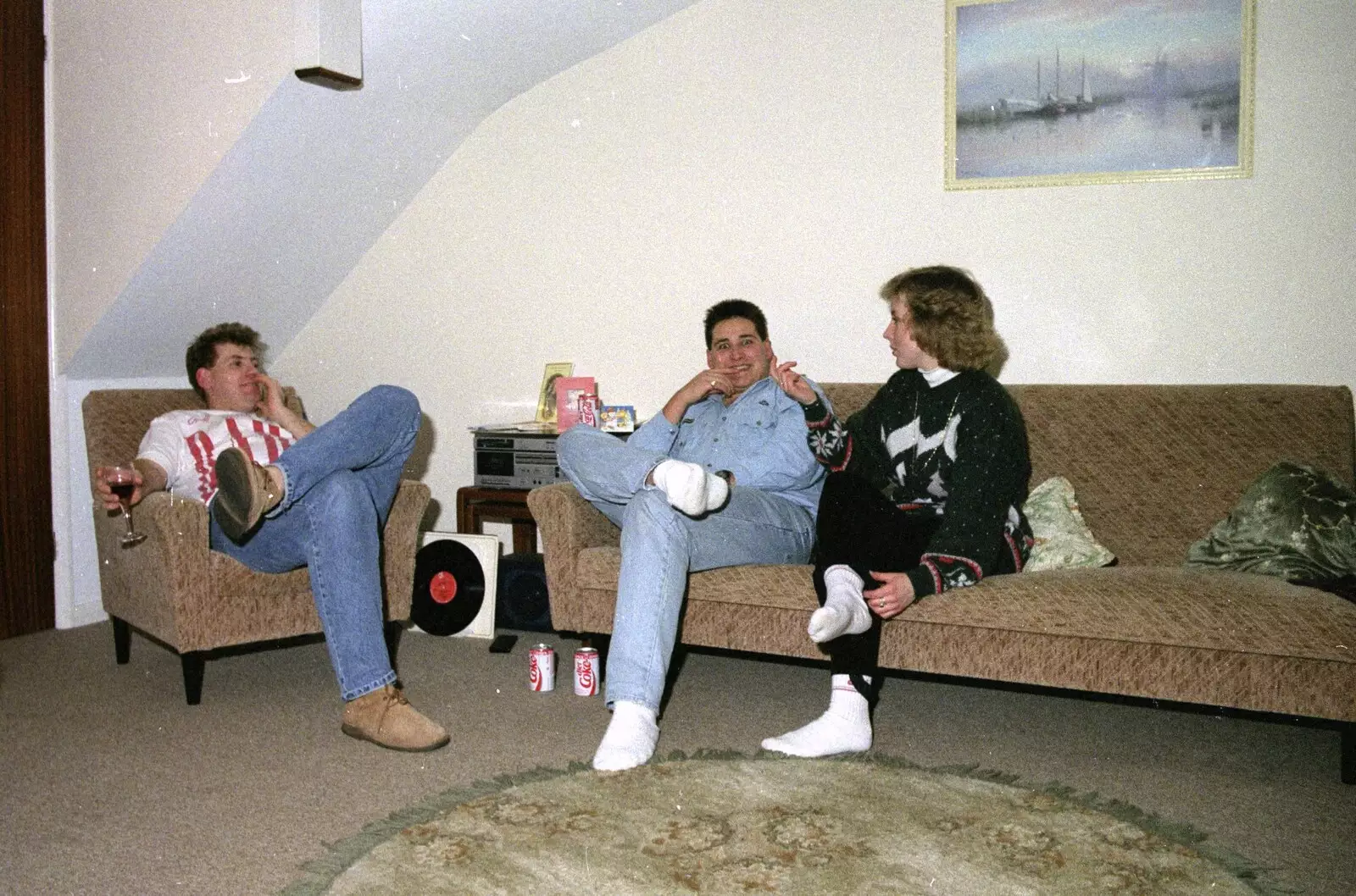 Richard, Barney and Treena, from Late Night, and Christmas with the Coxes, Needham, Norfolk - 25th December 1989