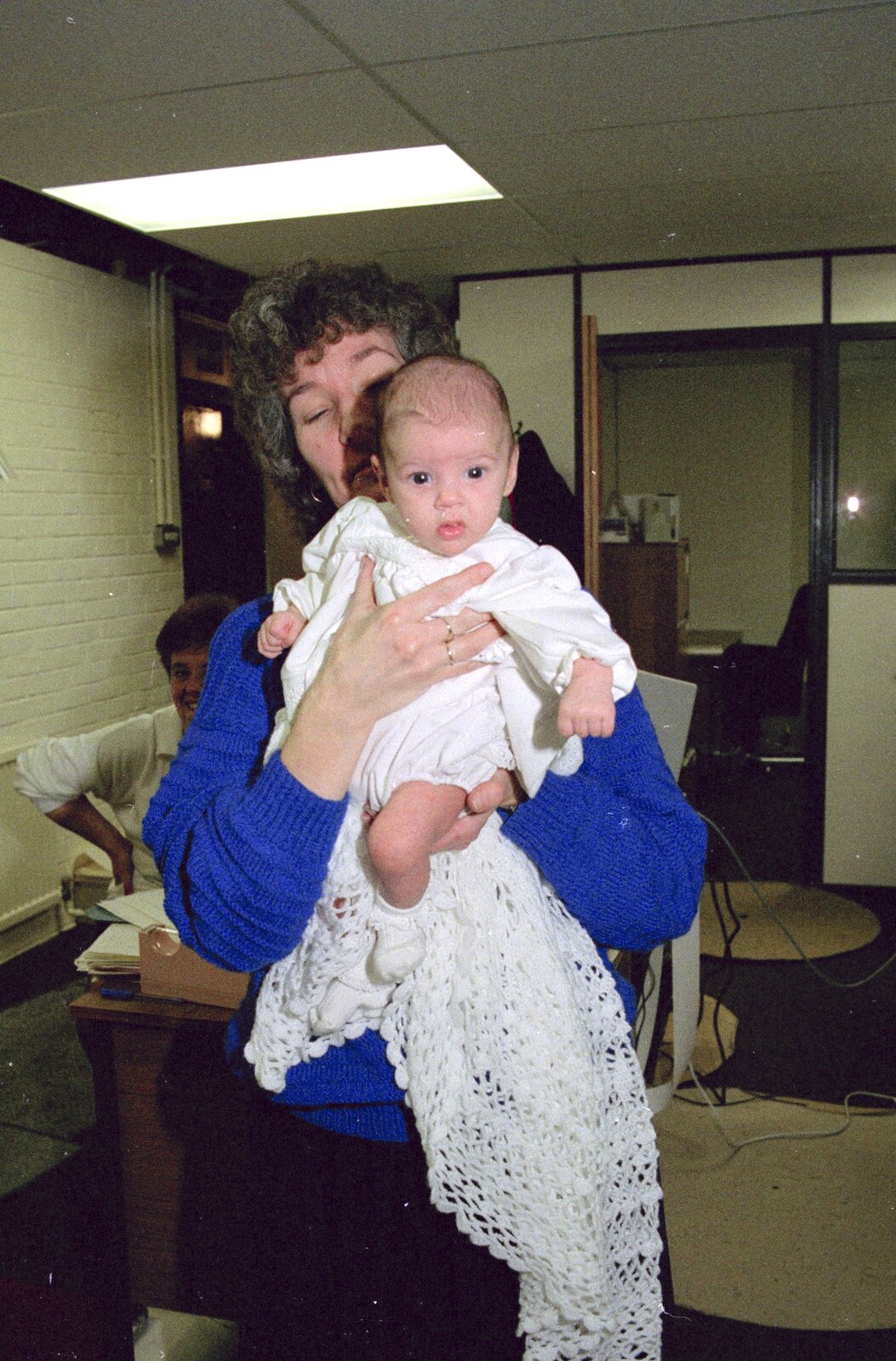 Brenda's got a random sprog in the Printec offices from Late Night, and Christmas with the Coxes, Needham, Norfolk - 25th December 1989
