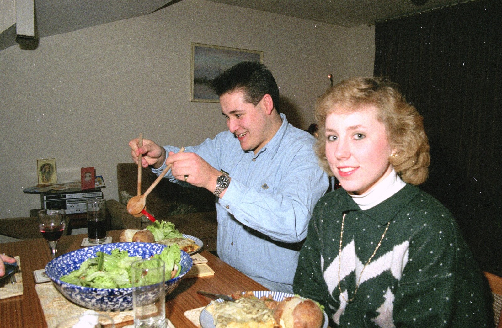 Barney scoops up some salad from Late Night, and Christmas with the Coxes, Needham, Norfolk - 25th December 1989
