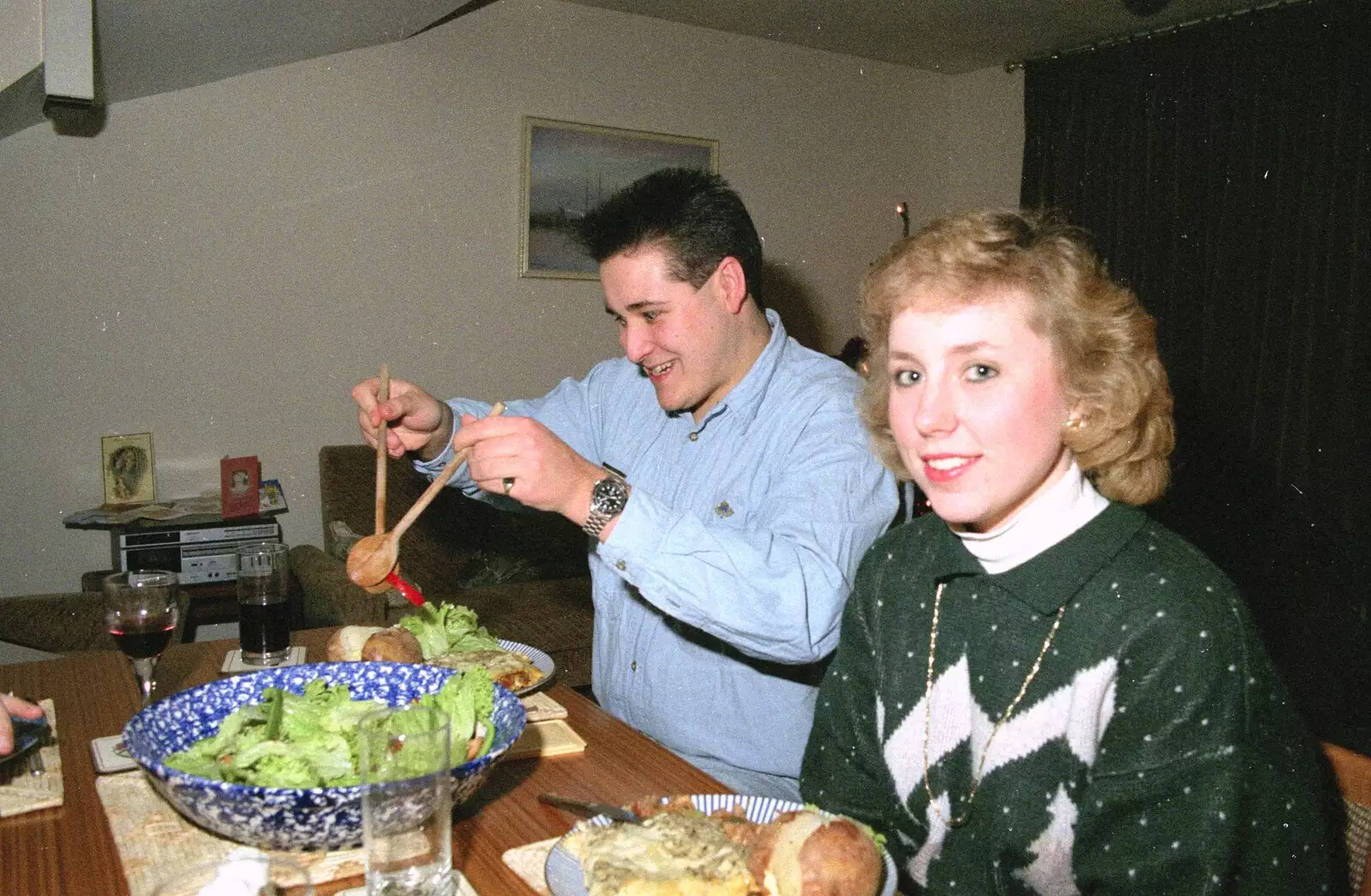 Barney scoops up some salad, from Late Night, and Christmas with the Coxes, Needham, Norfolk - 25th December 1989