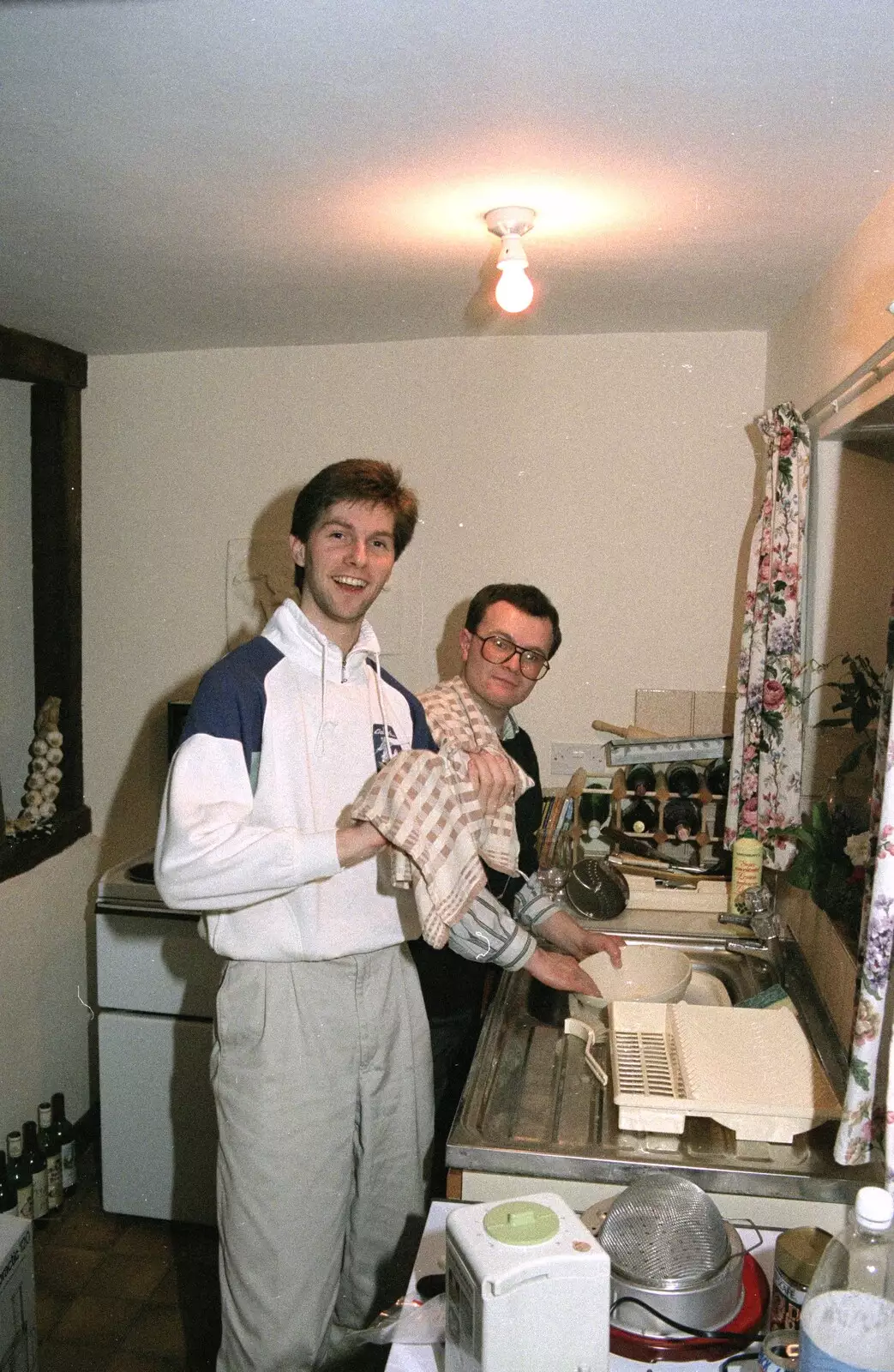 Sean and Hamish help out with the washing up, from New Year's Eve and Everyone Visits, Stuston, Suffolk - 10th January 1990