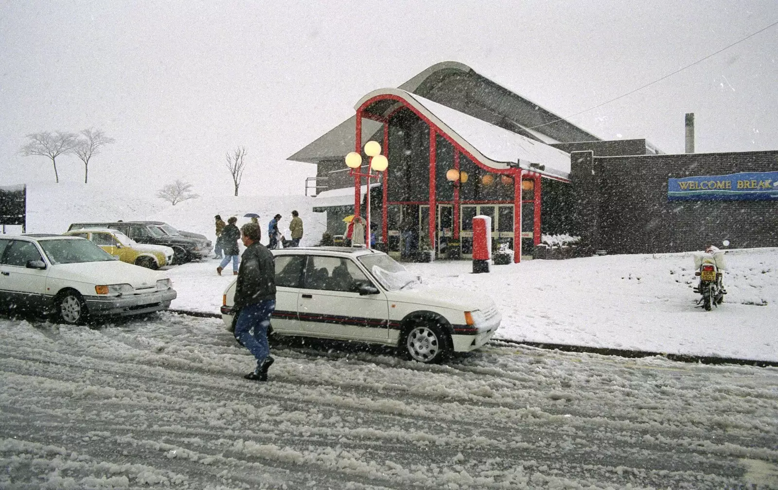 Snow whirls around Membury Services on the M4, from A Trip to Plymouth and Bristol, Avon and Devon - 18th February 1990