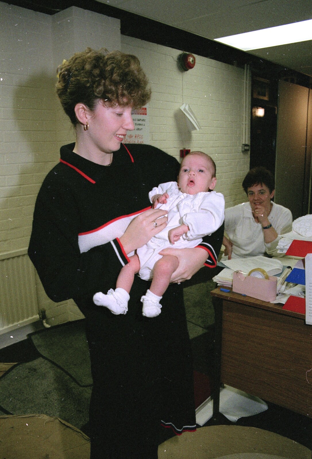 A Trip to Plymouth and Bristol, Avon and Devon - 18th February 1990: Back in the office, Monique shows off her new sprog