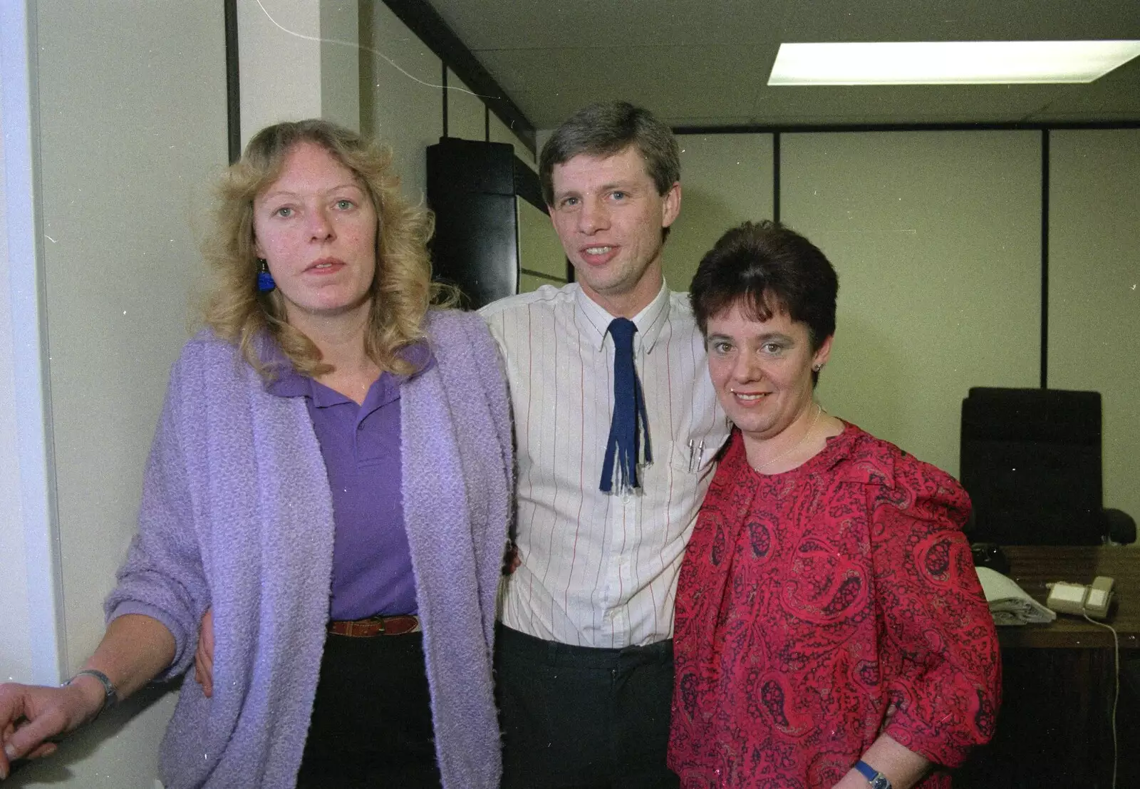 'Big' Sue, Steve-O and Crispy in the Printec offices, from A Trip to Plymouth and Bristol, Avon and Devon - 18th February 1990