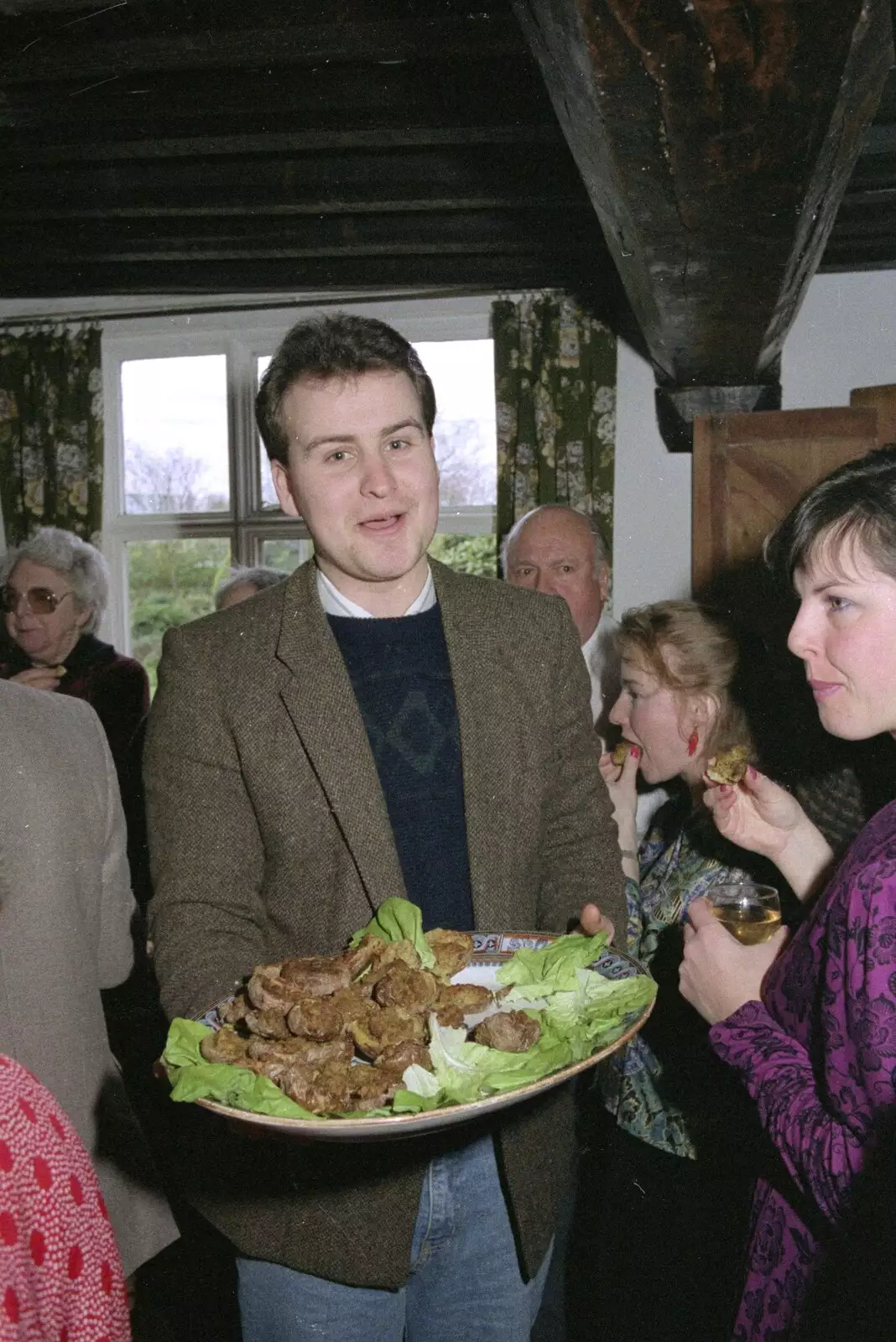 Blobs of meat are handed out, from Pancake Day in Starston, Norfolk - 27th February 1990