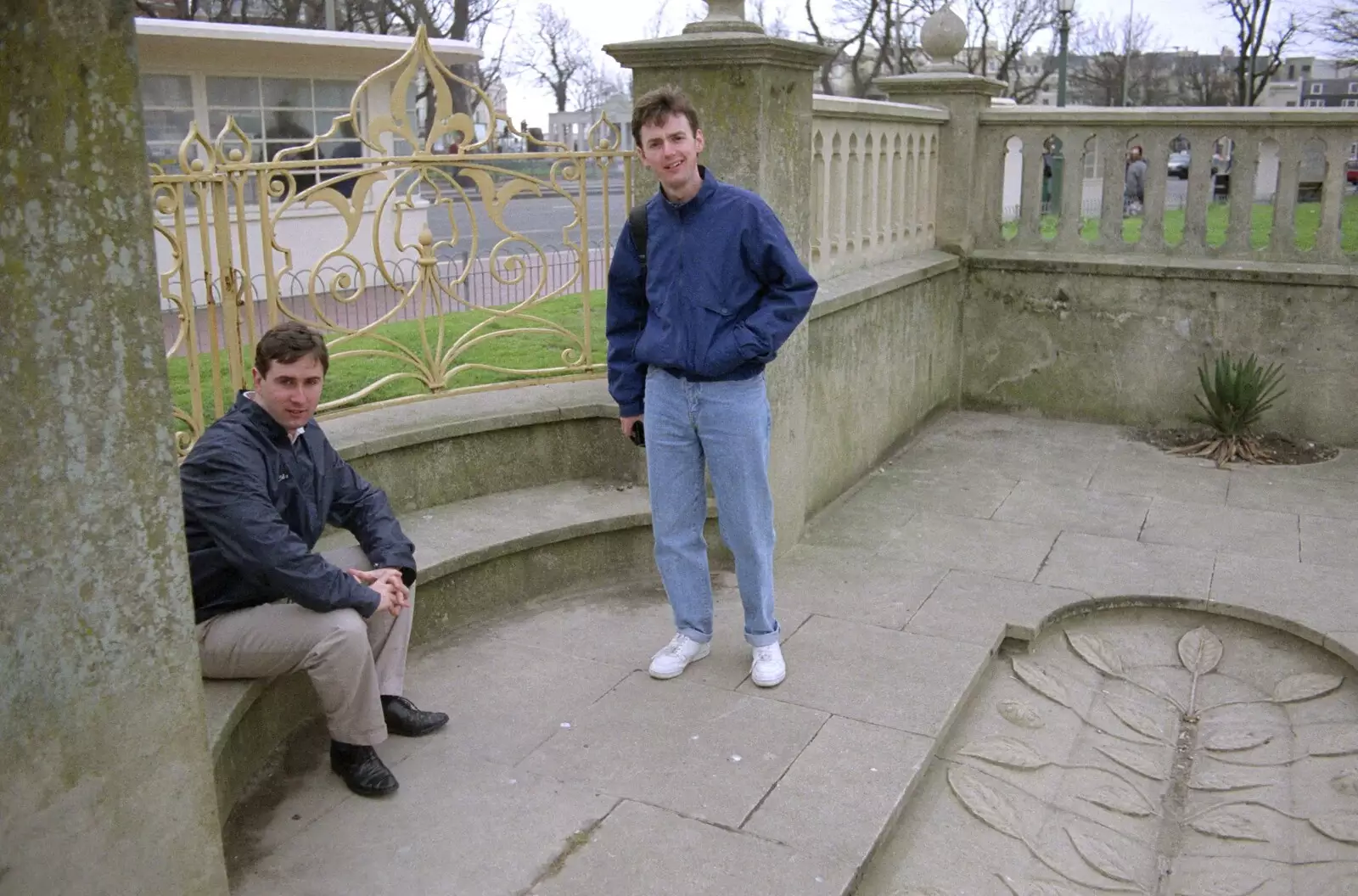 Riki and John by an empty ornamental pond, from Brighton Rock: Visiting Riki and John, Brighton, East Sussex - 5th March 1990