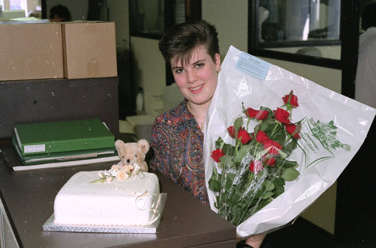 Kelly gets a birthday cake and some flowers from Kelly's Printec Birthday, Roydon, Norfolk - 2nd May 1990