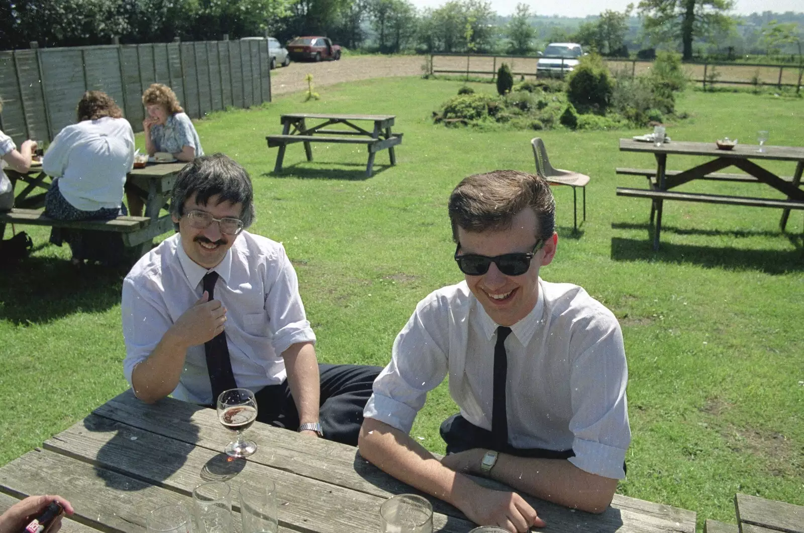 'Fishy' David and Karl - Mr. Shades, from Kelly's Printec Birthday, Roydon, Norfolk - 2nd May 1990