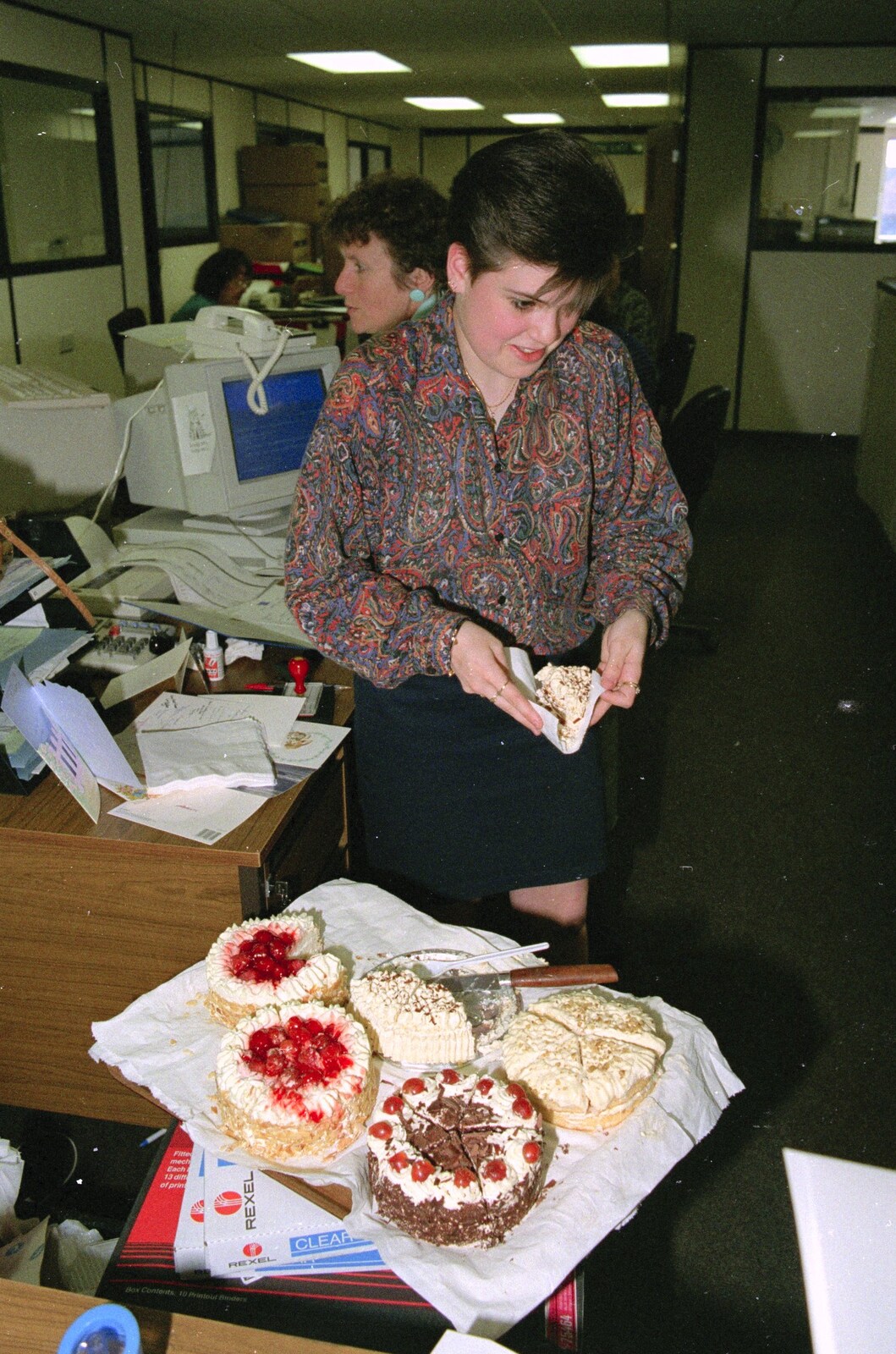 Kelly in the office from Kelly's Printec Birthday, Roydon, Norfolk - 2nd May 1990