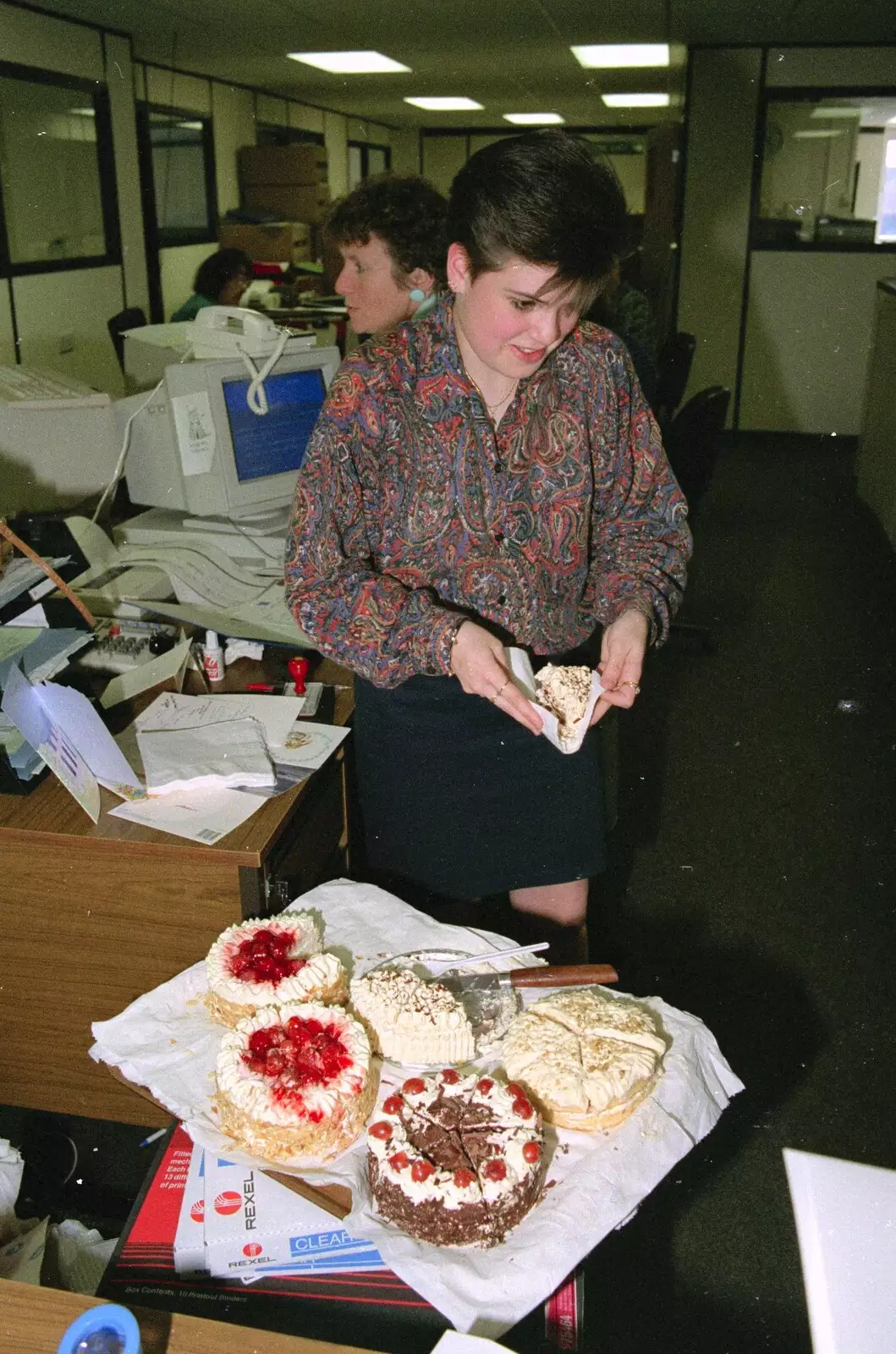 Kelly in the office, from Kelly's Printec Birthday, Roydon, Norfolk - 2nd May 1990