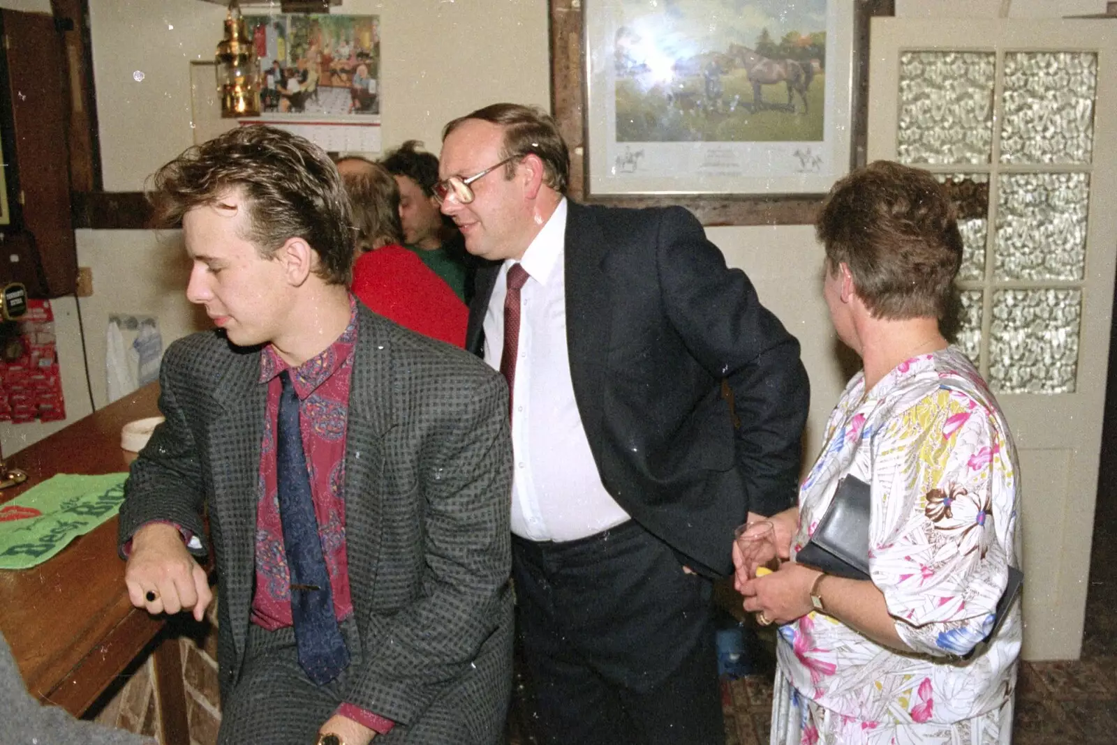 Karl, Mike Perkins and Crispy at the bar, from Printec and Steve-O's Pants, The Swan, Harleston, Norfolk - 19th May 1990