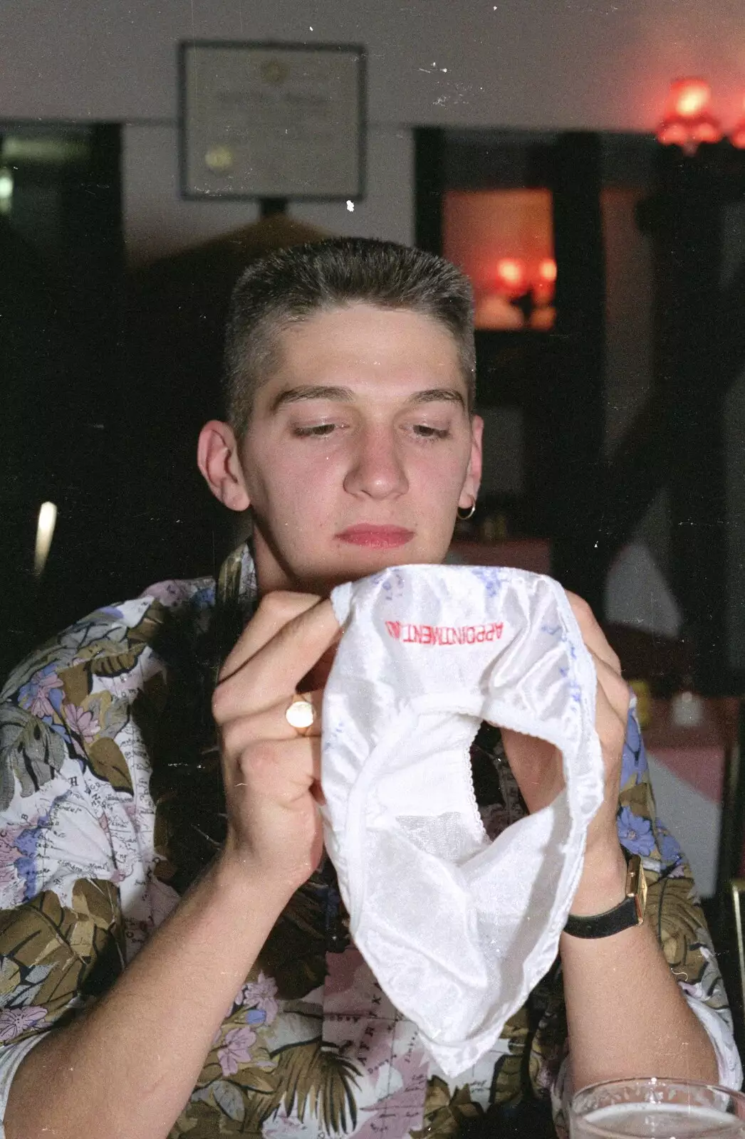 Darren and a pair of 'appointment only' knickers, from Printec and Steve-O's Pants, The Swan, Harleston, Norfolk - 19th May 1990