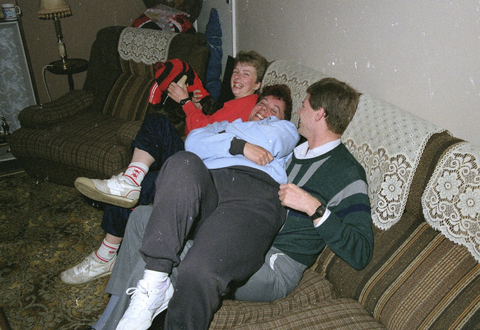 Theresa, Crispy and Steve-O in a heap from An "Above The Laundrette" Barbeque, Diss, Norfolk - 28th May 1990