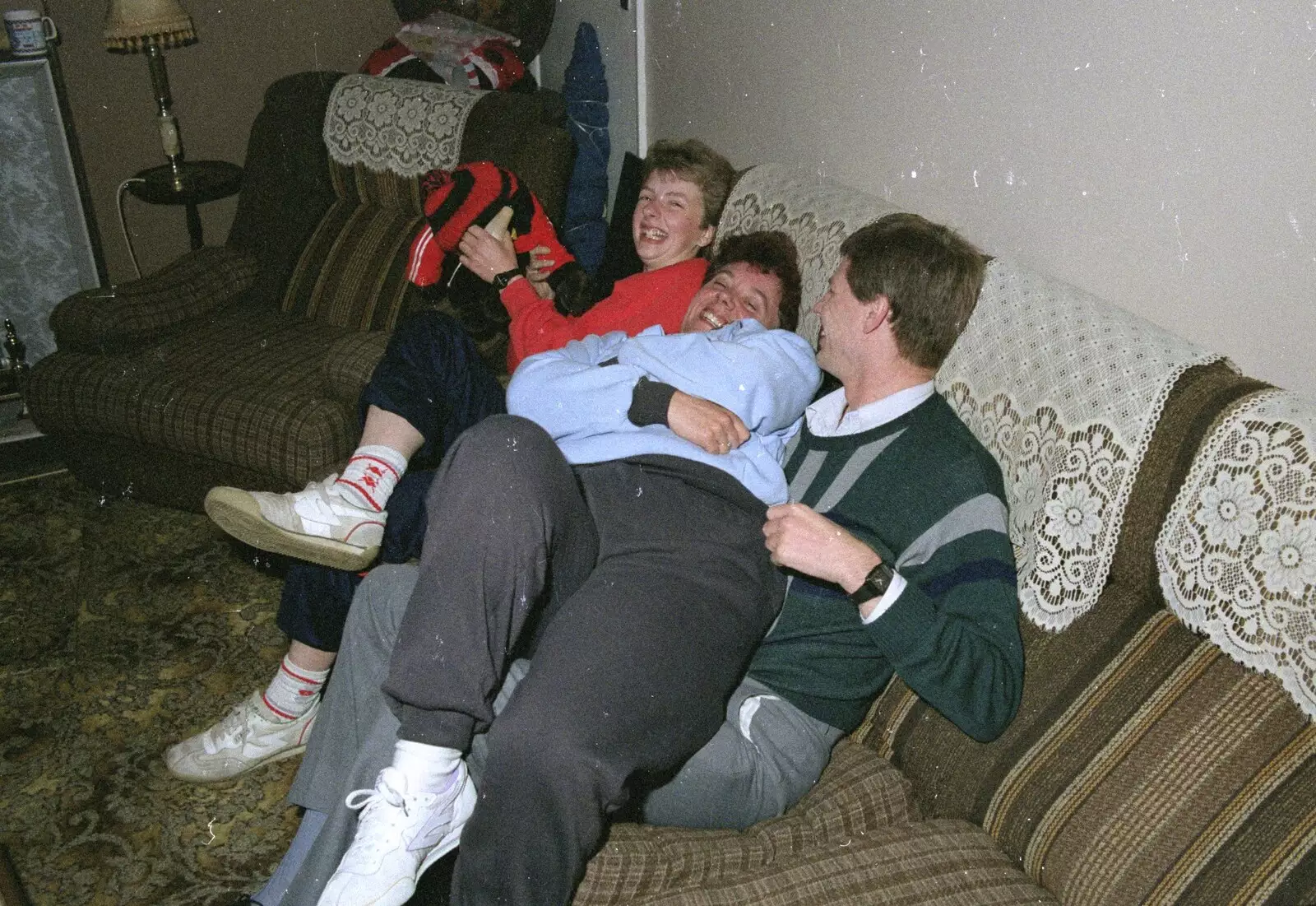 Theresa, Crispy and Steve-O in a heap, from An "Above The Laundrette" Barbeque, Diss, Norfolk - 28th May 1990