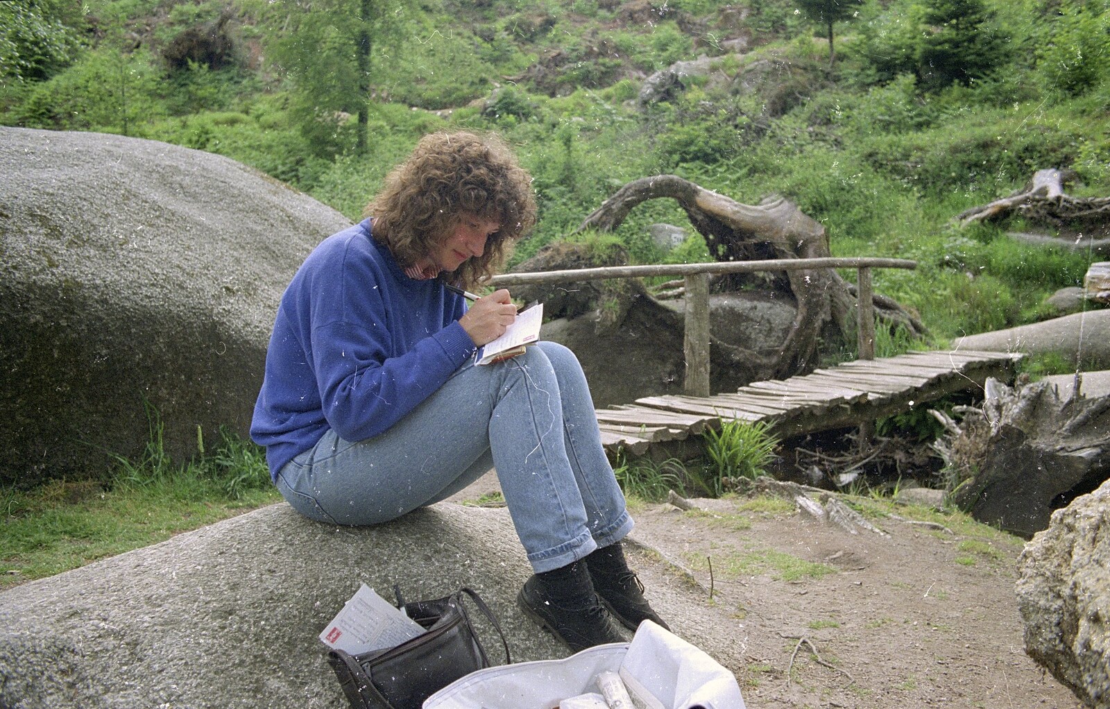 A Trip To Huelgoat, Brittany, France - 11th June 1990: Angela writes postcards