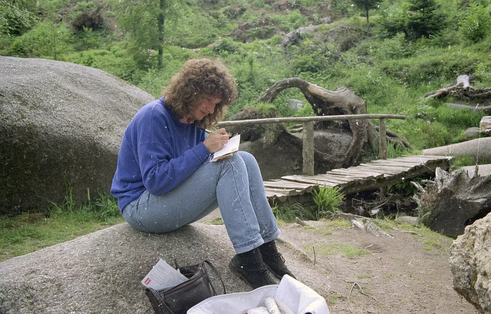 Angela writes postcards, from A Trip To Huelgoat, Brittany, France - 11th June 1990