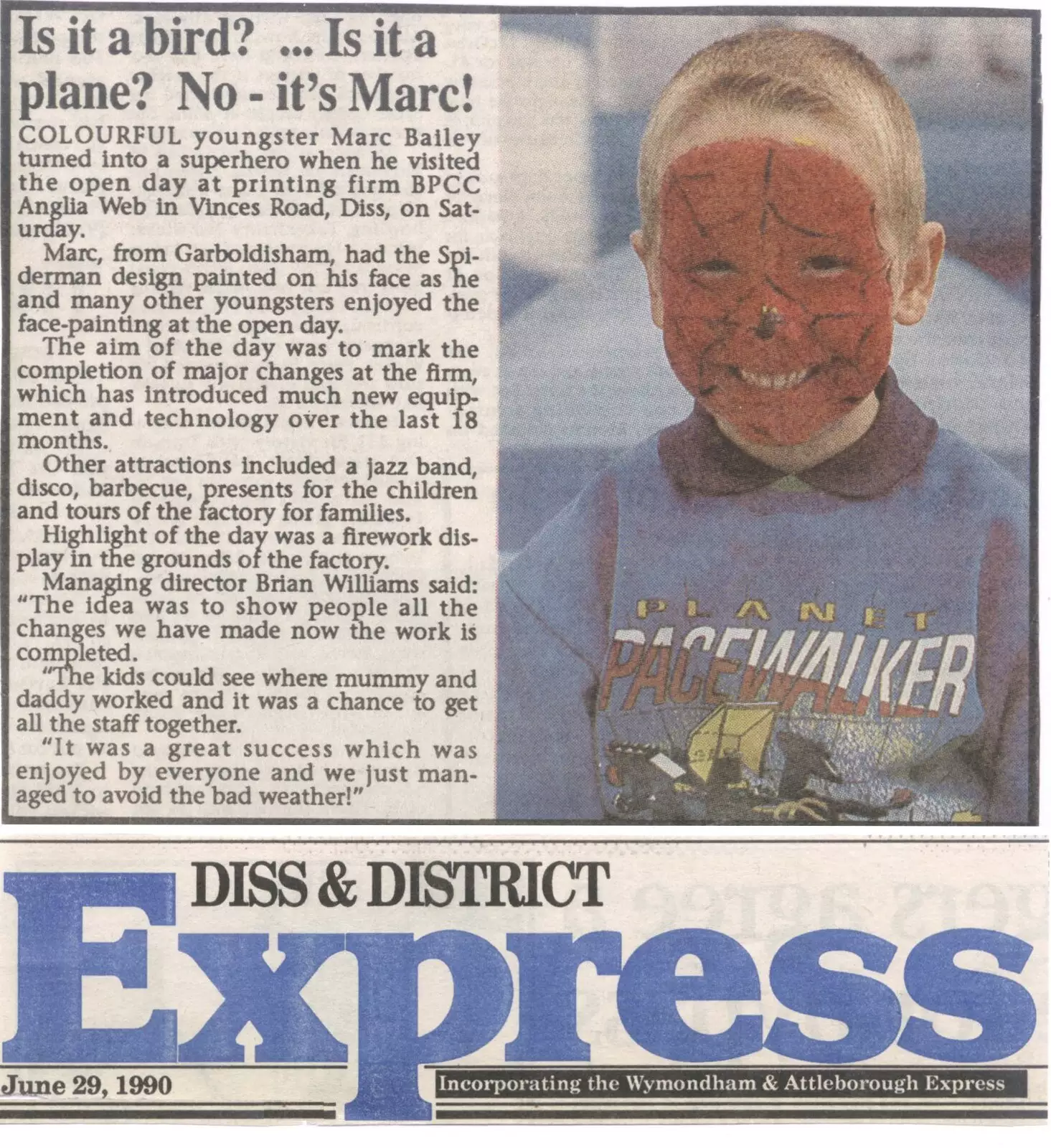 The Diss Express article featuring Nosher's photo, from BPCC Anglia Web Open Day, Diss, Norfolk - 23rd June 1990