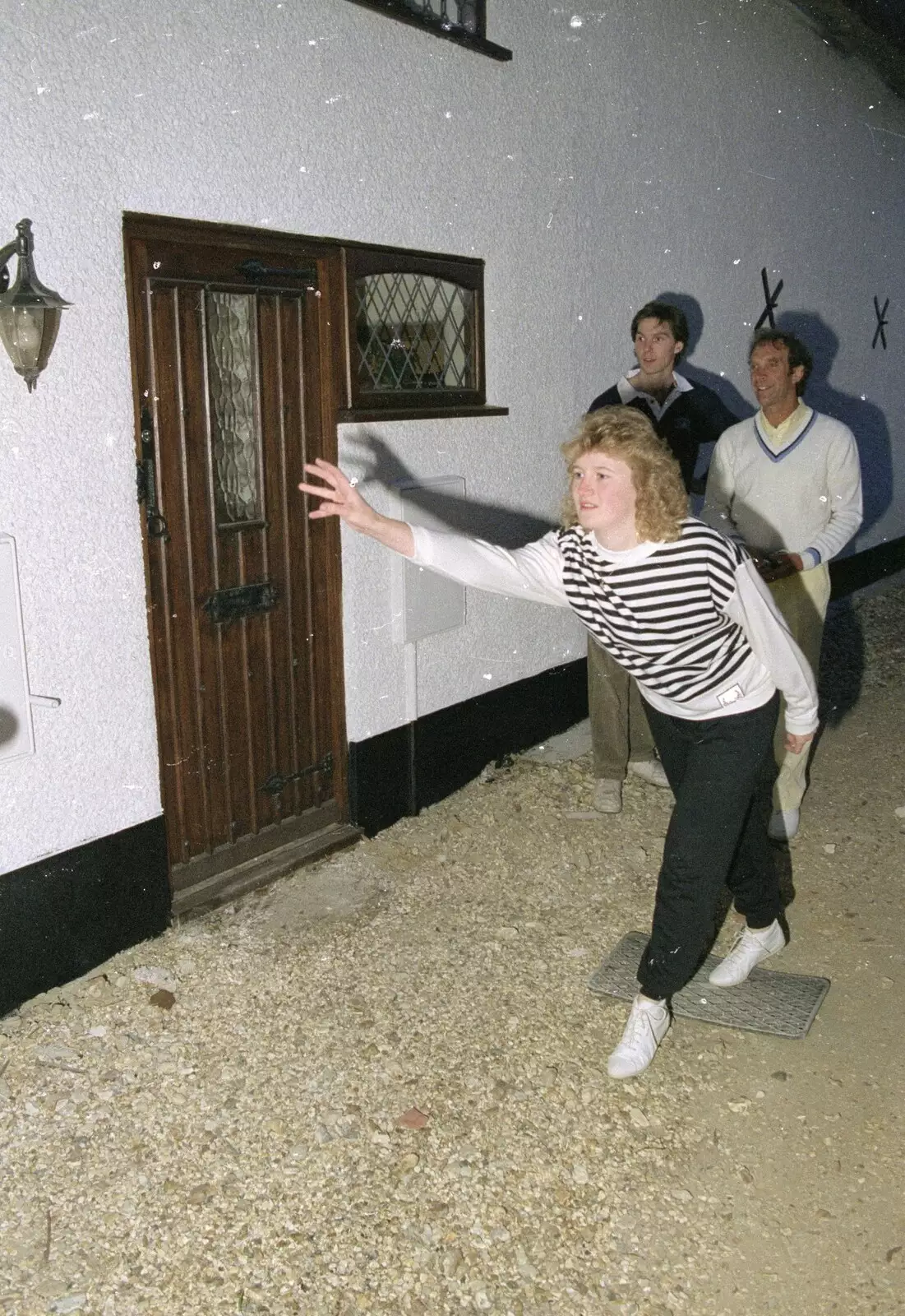 Maria chucks a boule, from Petanque At The Willows, Bransgore, Dorset - 10th July 1990