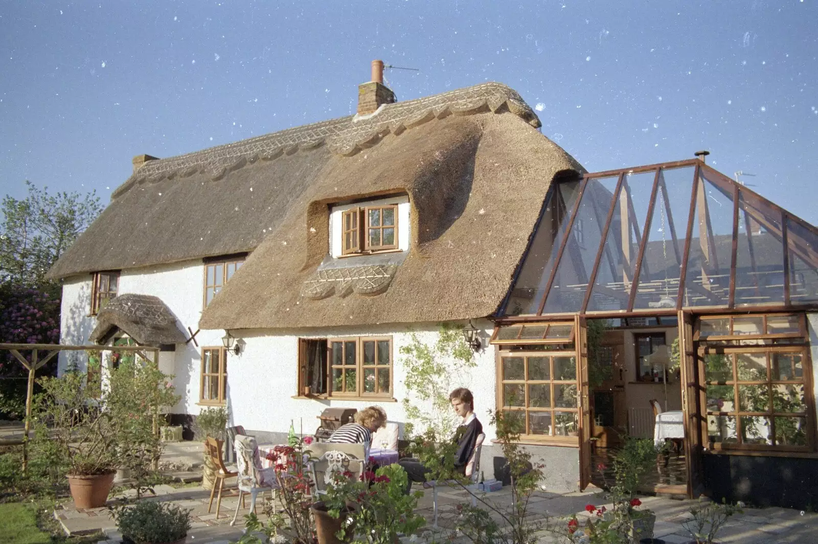 Maria and Sean on the patio, from Petanque At The Willows, Bransgore, Dorset - 10th July 1990