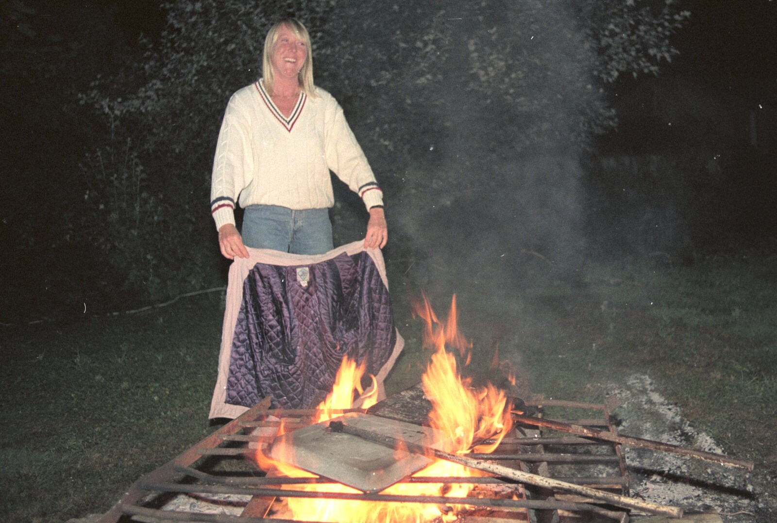 Sue waves her coat around after a fire dance from Sue's Fire Dance, Stuston, Suffolk - 21st July 1990
