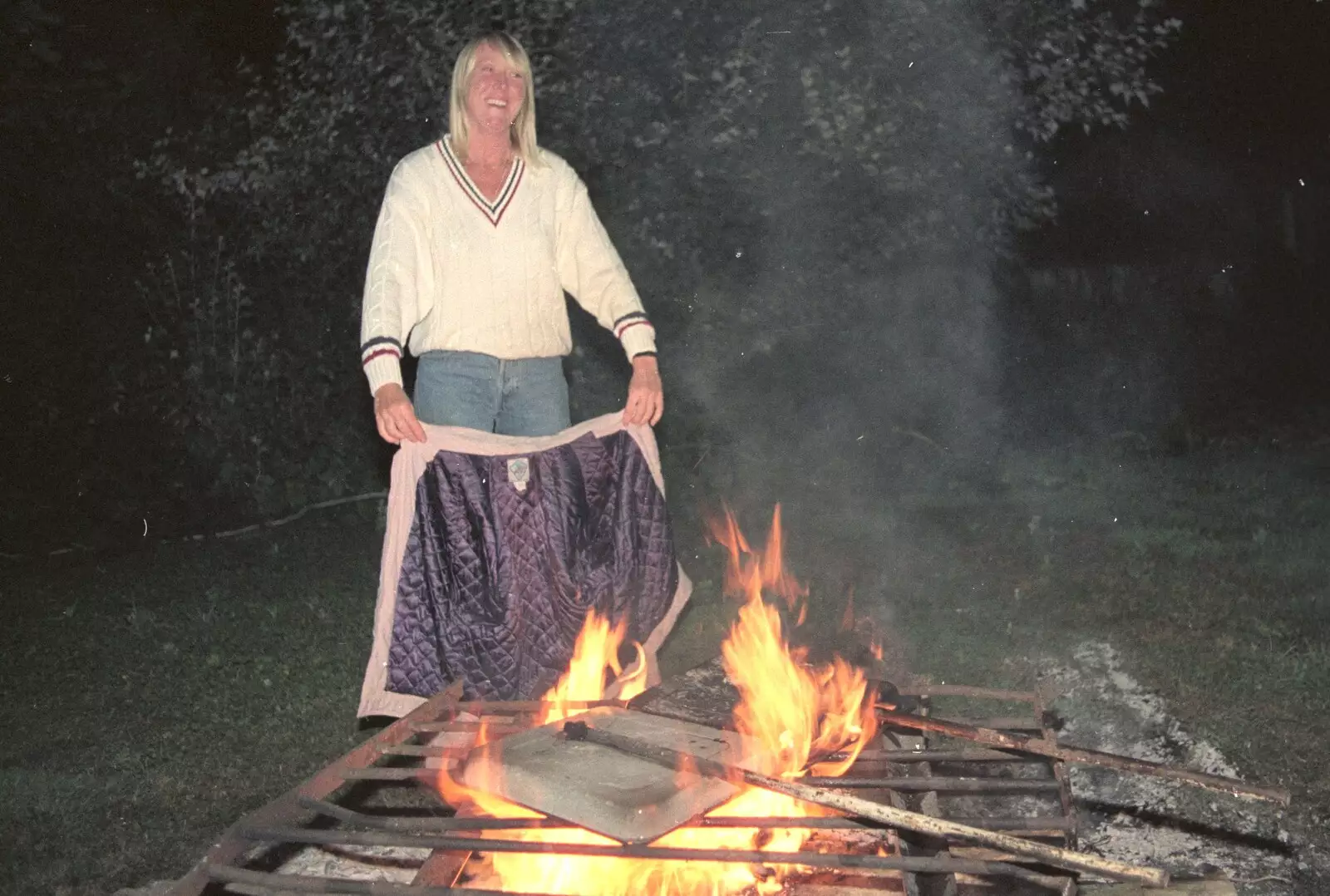 Sue waves her coat around after a fire dance, from Sue's Fire Dance, Stuston, Suffolk - 21st July 1990