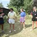 Geoff, Corky, Linda and Sue chat in the garden, Sue's Fire Dance, Stuston, Suffolk - 21st July 1990