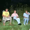 Geoff looks up from his sausages, Sue's Fire Dance, Stuston, Suffolk - 21st July 1990