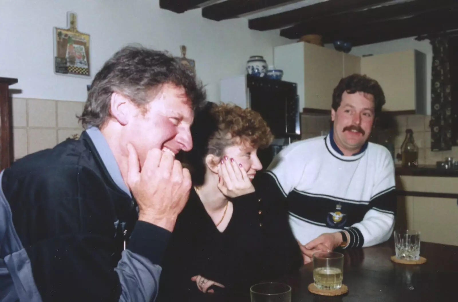 Geoff, Monique and Keith, in the kitchen, from A Mediaeval Birthday Party, Starston, Norfolk - 27th July 1990