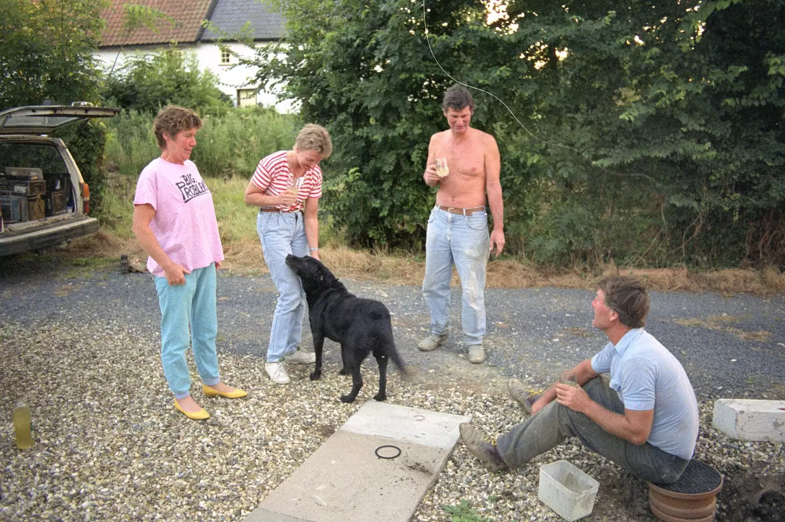 Brenda, Jan, Geoff, Bernie, and Shelly the labrador, from Stuston Sewerage and Kate's Printec Birthday, Scole Inn, Norfolk and Suffolk - 2nd August 1990