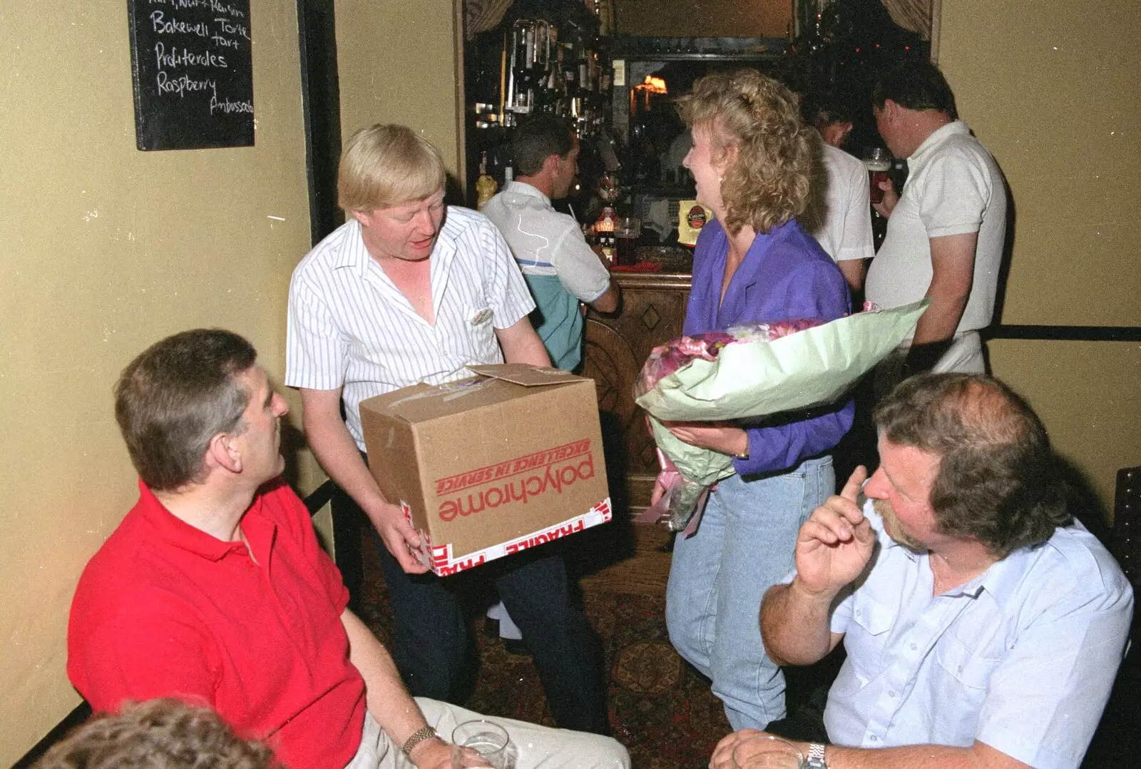 A present is given to Kate, from Stuston Sewerage and Kate's Printec Birthday, Scole Inn, Norfolk and Suffolk - 2nd August 1990