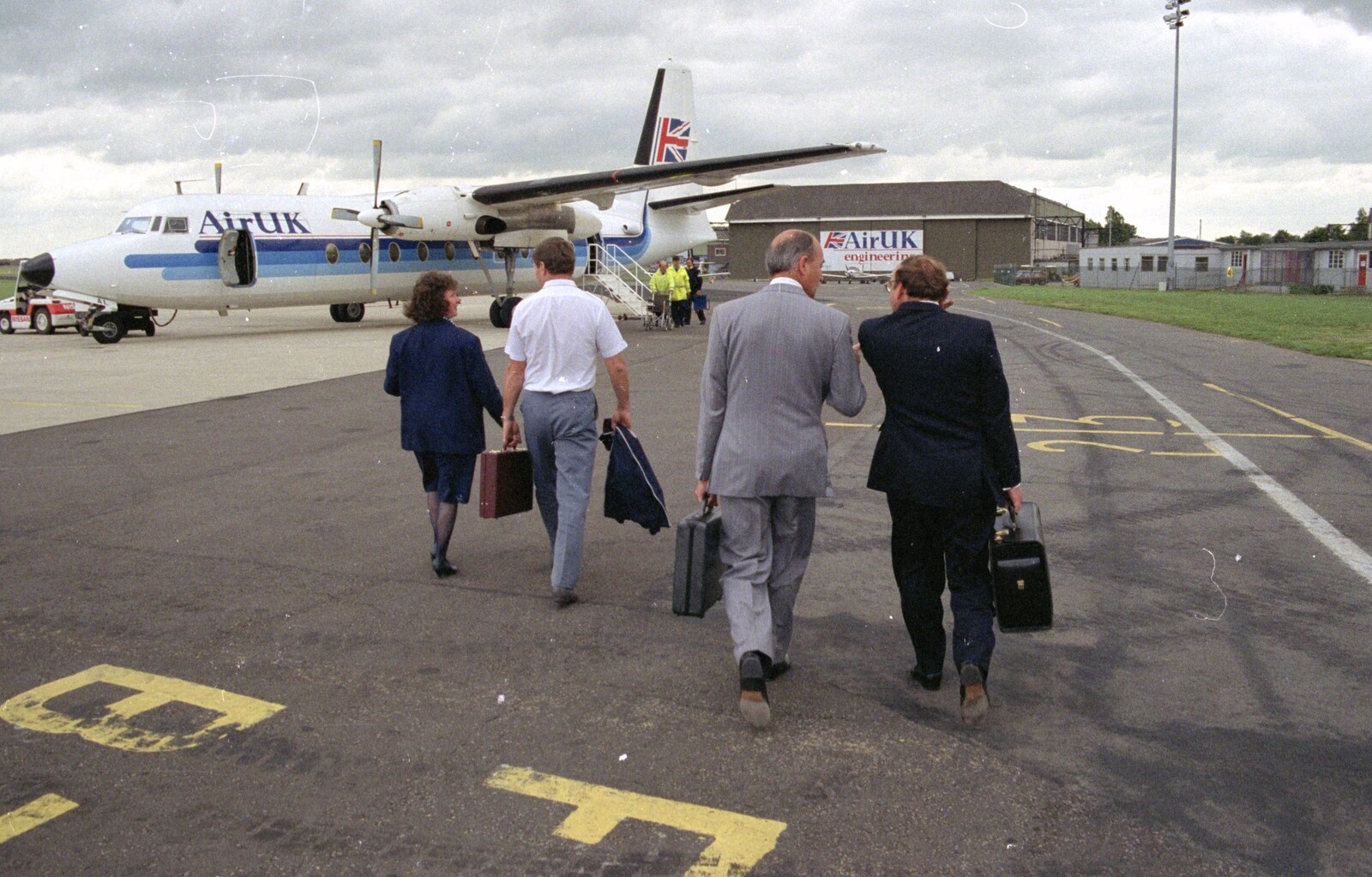 Stuston Sewerage and Kate's Printec Birthday, Scole Inn, Norfolk and Suffolk - 2nd August 1990: Keith Clarke and Mike Perkins stride out to the Air UK Dash-7 at Norwich Airport