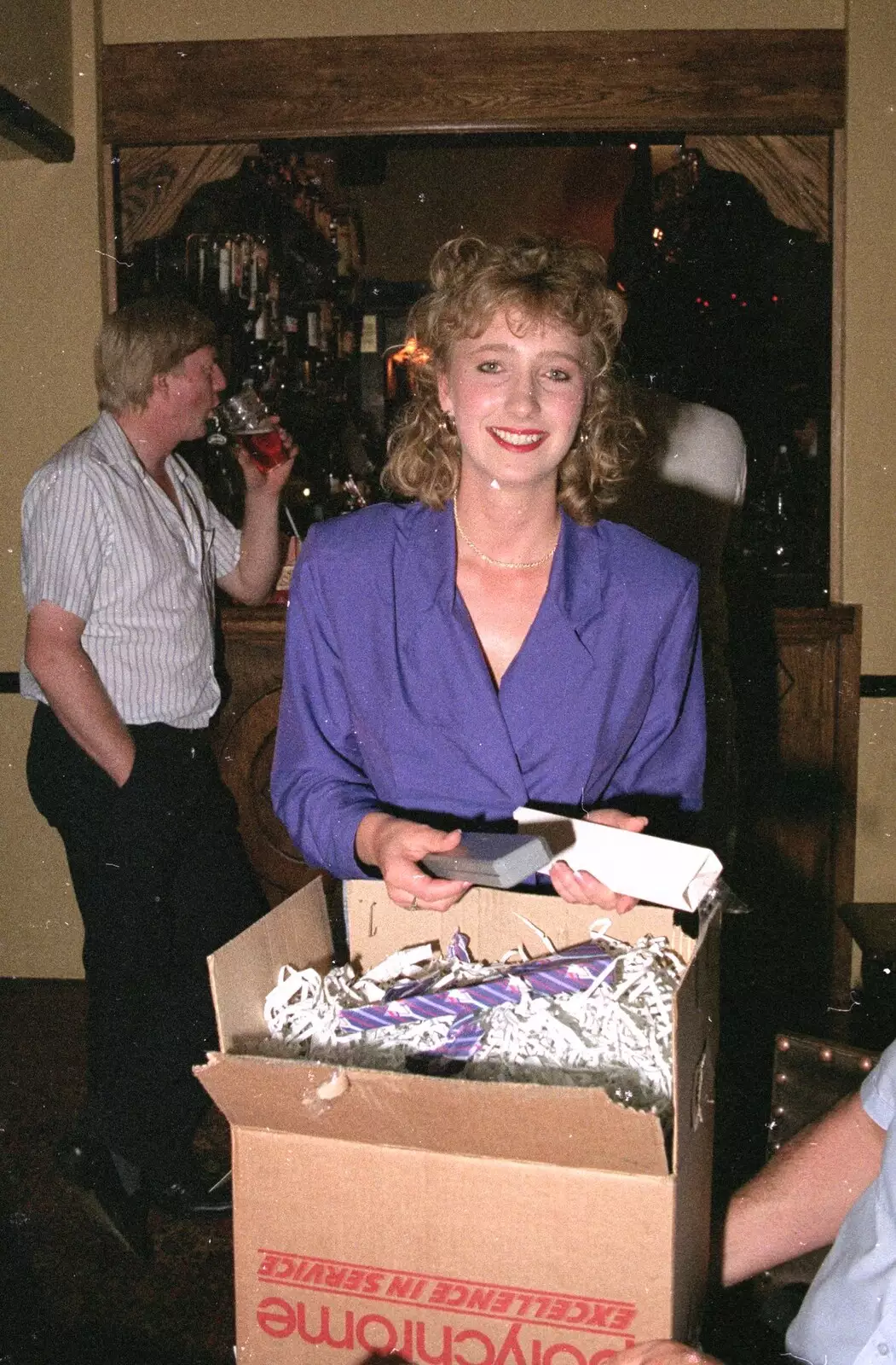 Kate fishes some more presents out of her box, from Stuston Sewerage and Kate's Printec Birthday, Scole Inn, Norfolk and Suffolk - 2nd August 1990