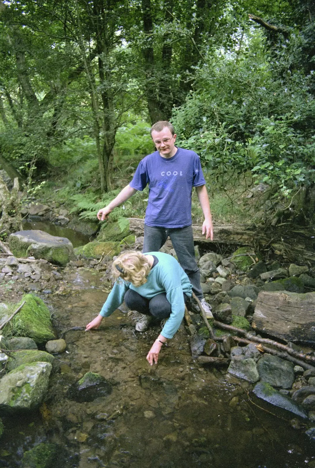 Hamish, Liz and Nosher build a dam across the stream, from Liz's Party, Abergavenny, Monmouthshire, Wales - 4th August 1990