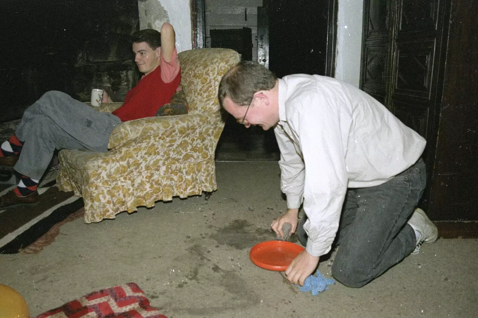 Hamish clears up some sort of spillage, from Liz's Party, Abergavenny, Monmouthshire, Wales - 4th August 1990