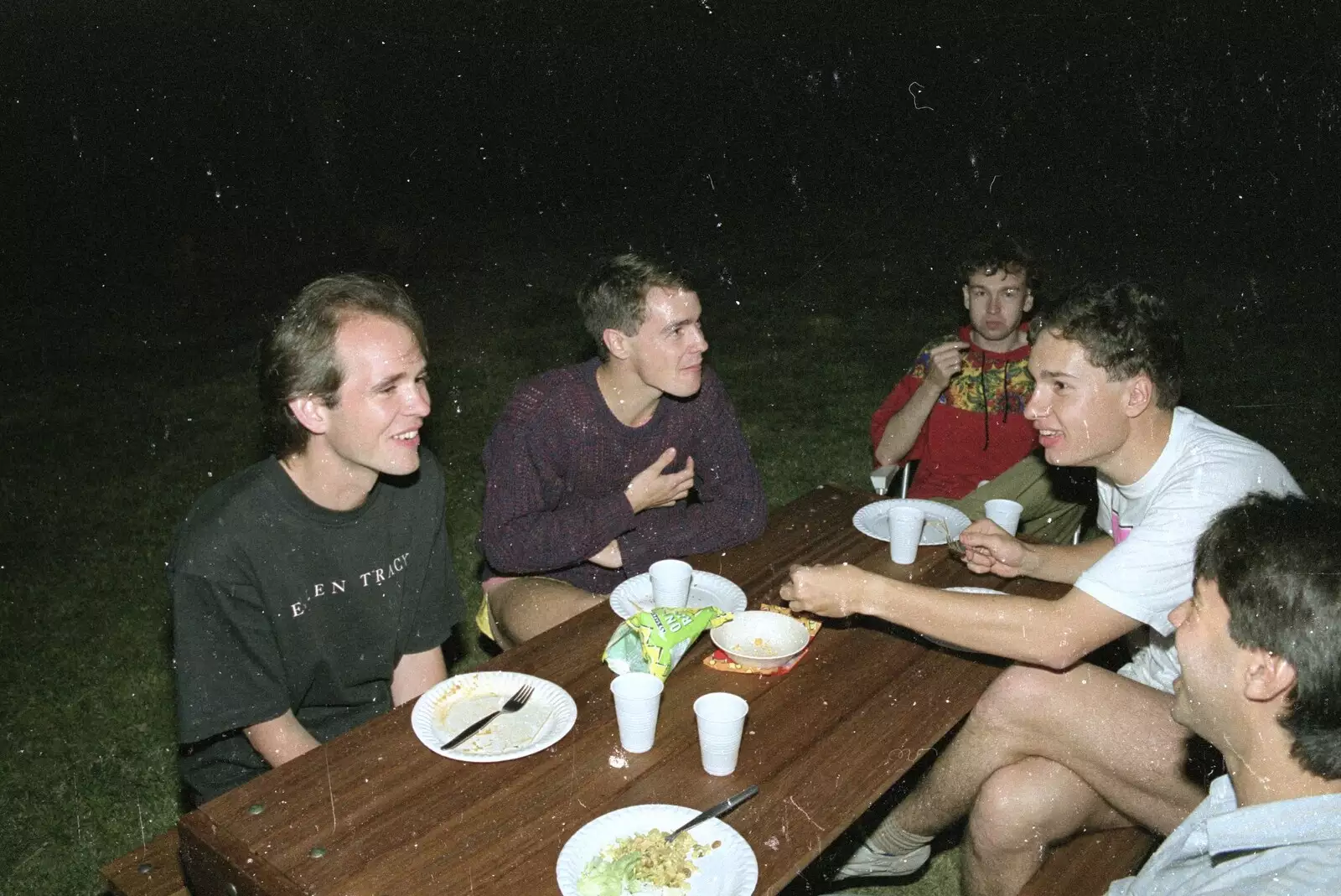 Dinner on a bench, from Liz's Party, Abergavenny, Monmouthshire, Wales - 4th August 1990