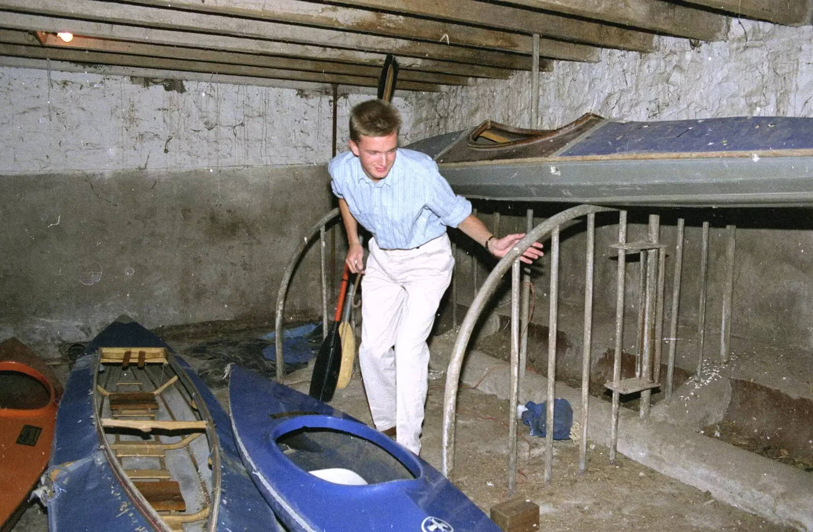 Nosher pokes around in the canoe shed, from Liz's Party, Abergavenny, Monmouthshire, Wales - 4th August 1990