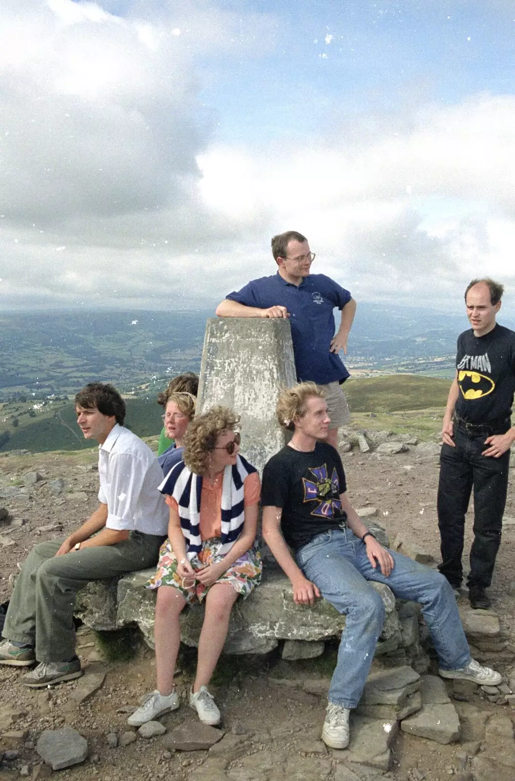 Hamish leans on a triangulation point, from A Walk in the Brecon Beacons, Bannau Brycheiniog, Wales - 5th August 1990