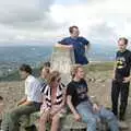 Hamish leans on a triangulation point, A Walk in the Brecon Beacons, Bannau Brycheiniog, Wales - 5th August 1990