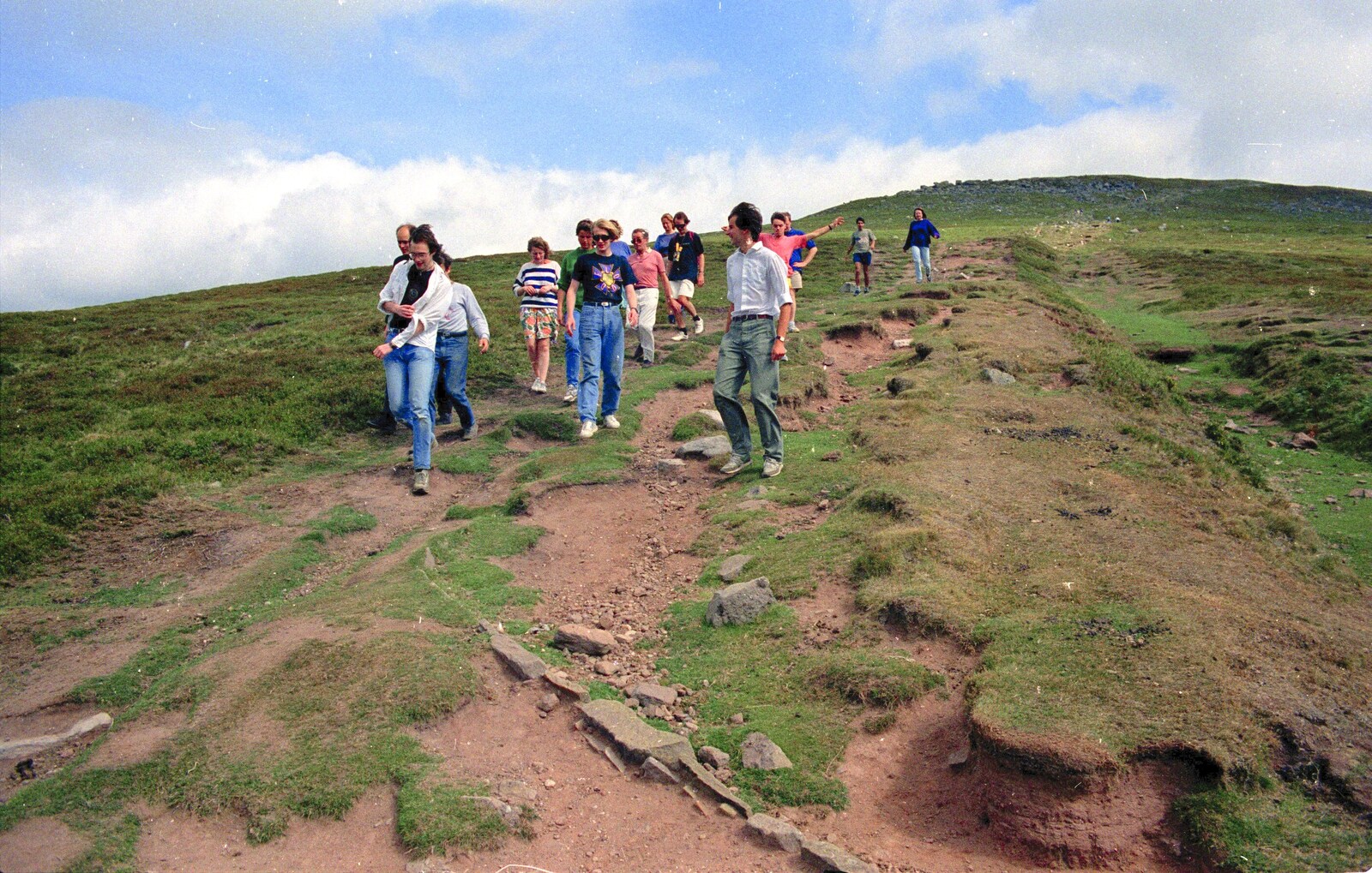 The walkers stumble down the hill from A Walk in the Brecon Beacons, Bannau Brycheiniog, Wales - 5th August 1990