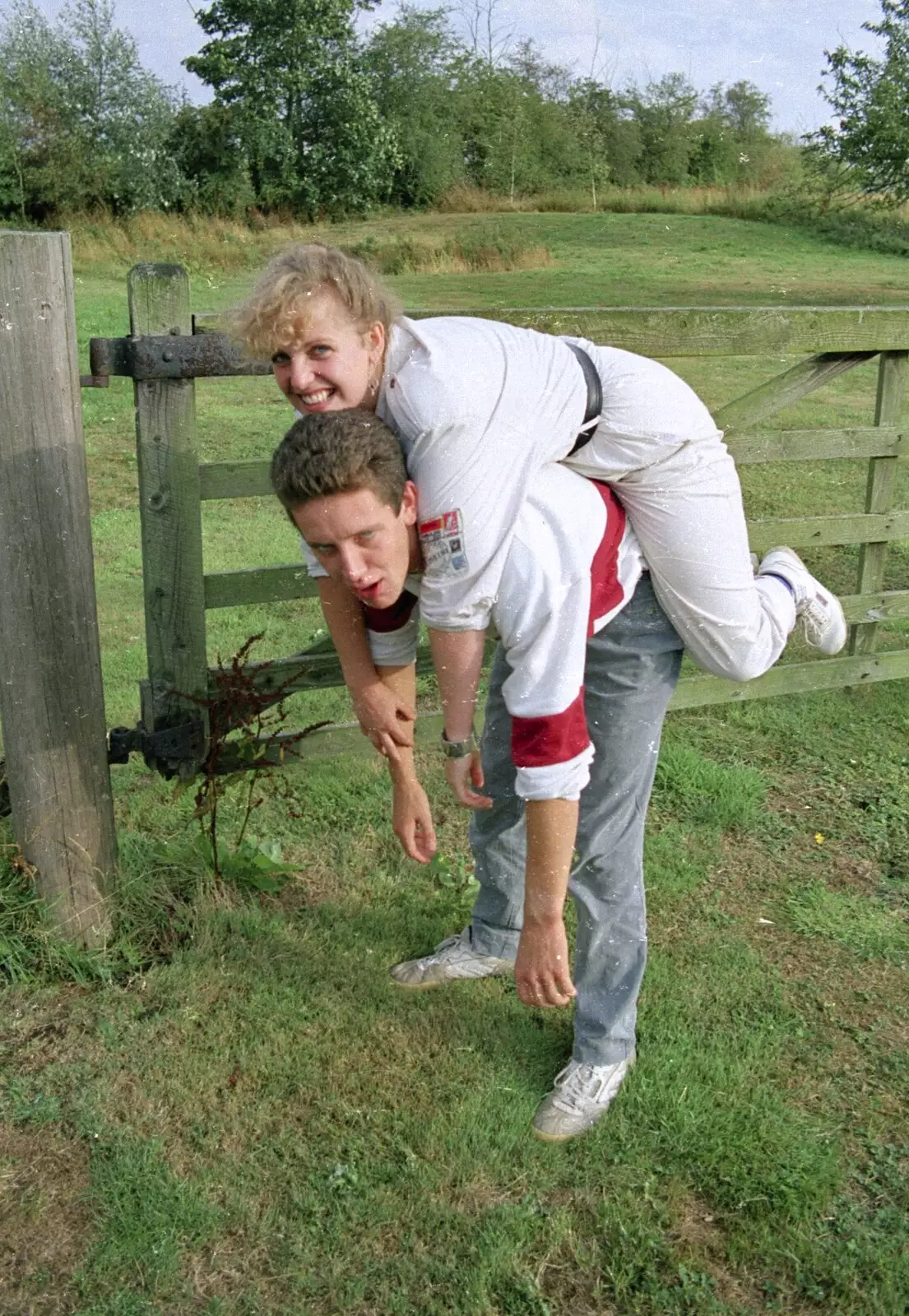 Donna goes piggy back, from A Bike Ride to Redgrave, Suffolk - 11th August 1990